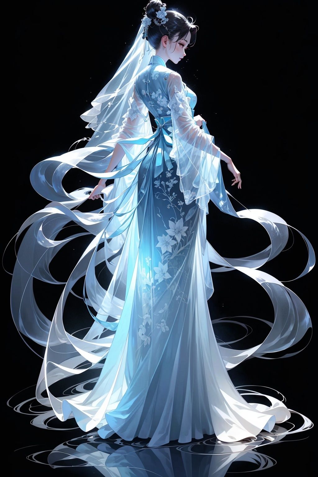  Best quality, 8k,1girl,transparent_background,solo,Veil Hanfu,glowing,see-through,blue and white porcelain