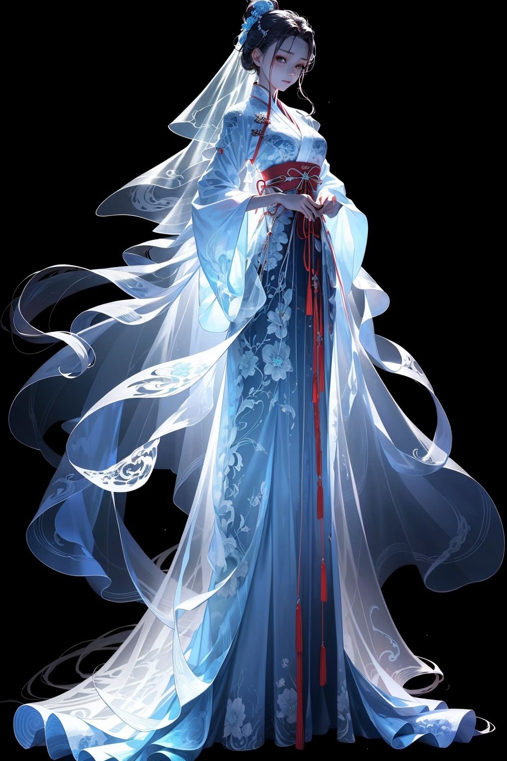  Best quality, 8k,1girl,transparent_background,solo,Veil Hanfu,glowing,see-through,blue and white porcelain