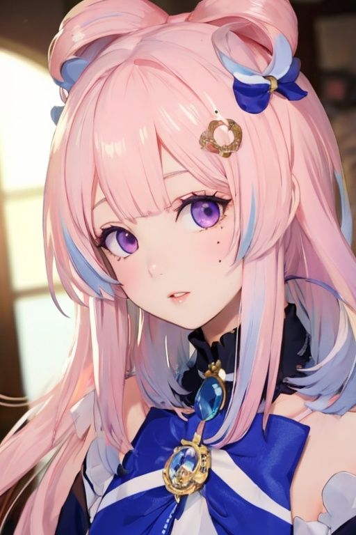 sangonomiya kokomi,1girl,pink hair,purple eyes,bangs,looking at viewer,multicolored hair,hair ornament,solo,bow-shaped hair,mole,parted lips,gradient hair,long hair,bow,