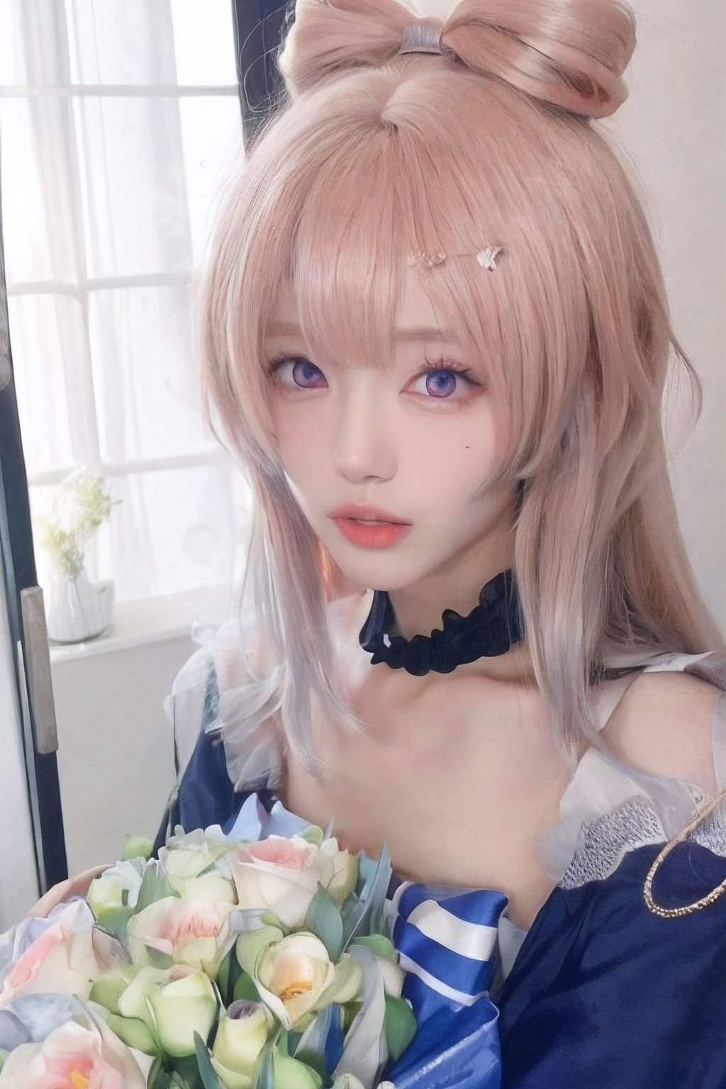 (masterpiece:1.3),best quality,high resolution,unity 8k wallpaper,(illustration:1),perfect lighting,photo_\(medium\),photorealistic,realistic,,
finely detail,extremely detailed,soft lighting and shadow,soft yet striking lighting,film grain:1.2,,
sangonomiya kokomi, 1girl, pink hair, flower, purple eyes, bangs, bouquet, looking at viewer, multicolored hair, hair ornament, solo, bow-shaped hair, mole, heart, parted lips, gradient hair, lips, blonde hair, holding, holding bouquet, long hair, bow
