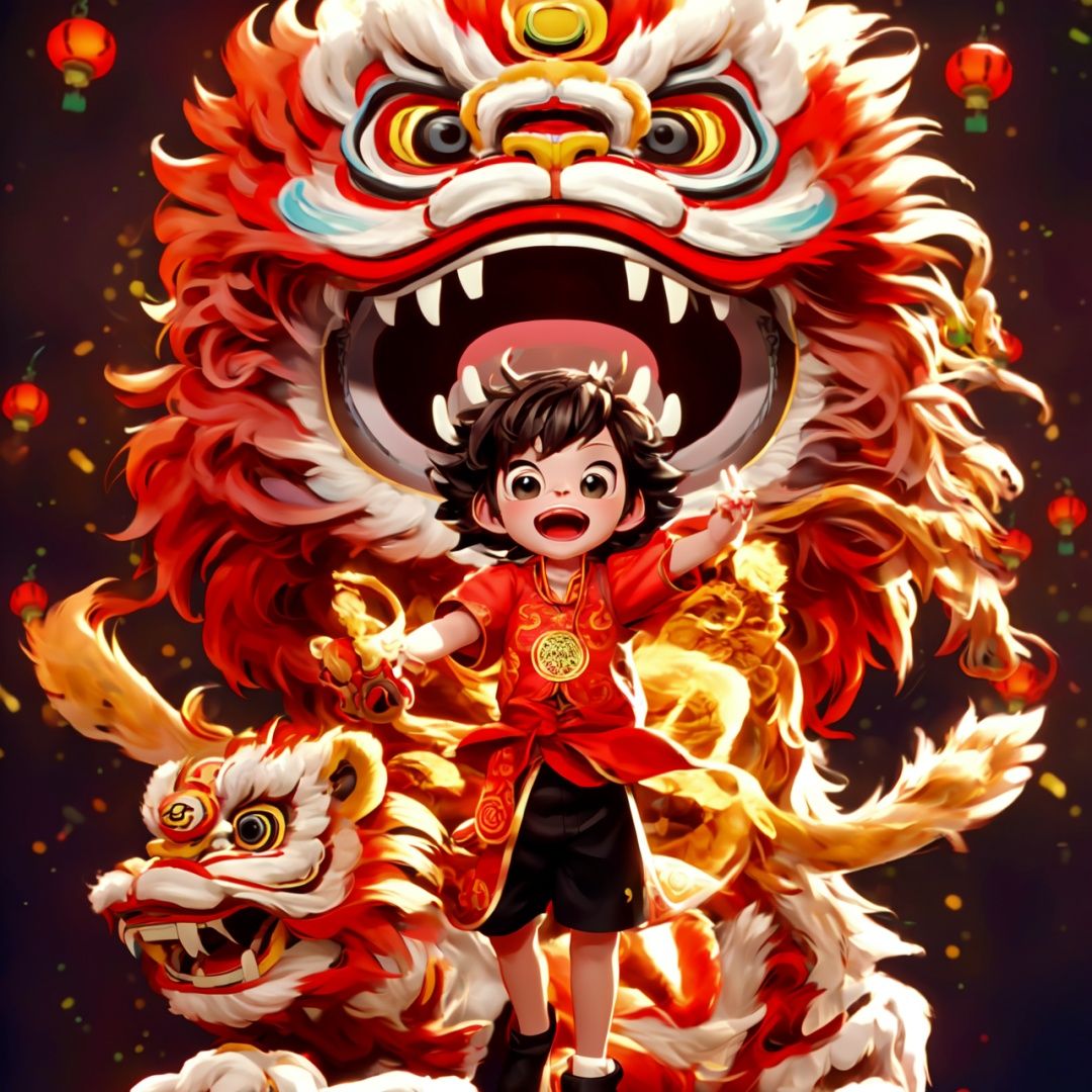  Best quality, 8k, cg,1boy,Stupid and cute lion dance,particulars,Cute Style