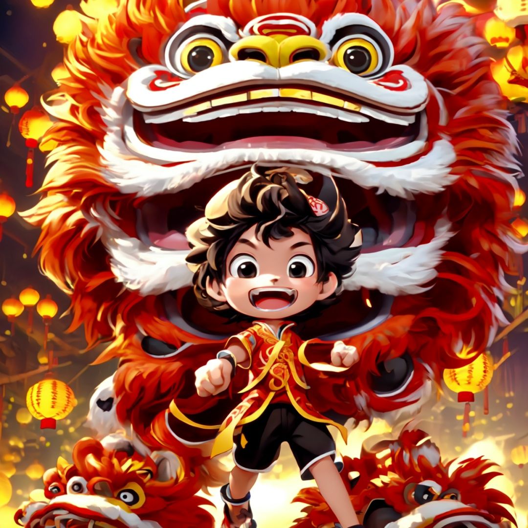  Best quality, 8k, cg,A cute boy,Stupid and cute lion dance,particulars,Cute Style