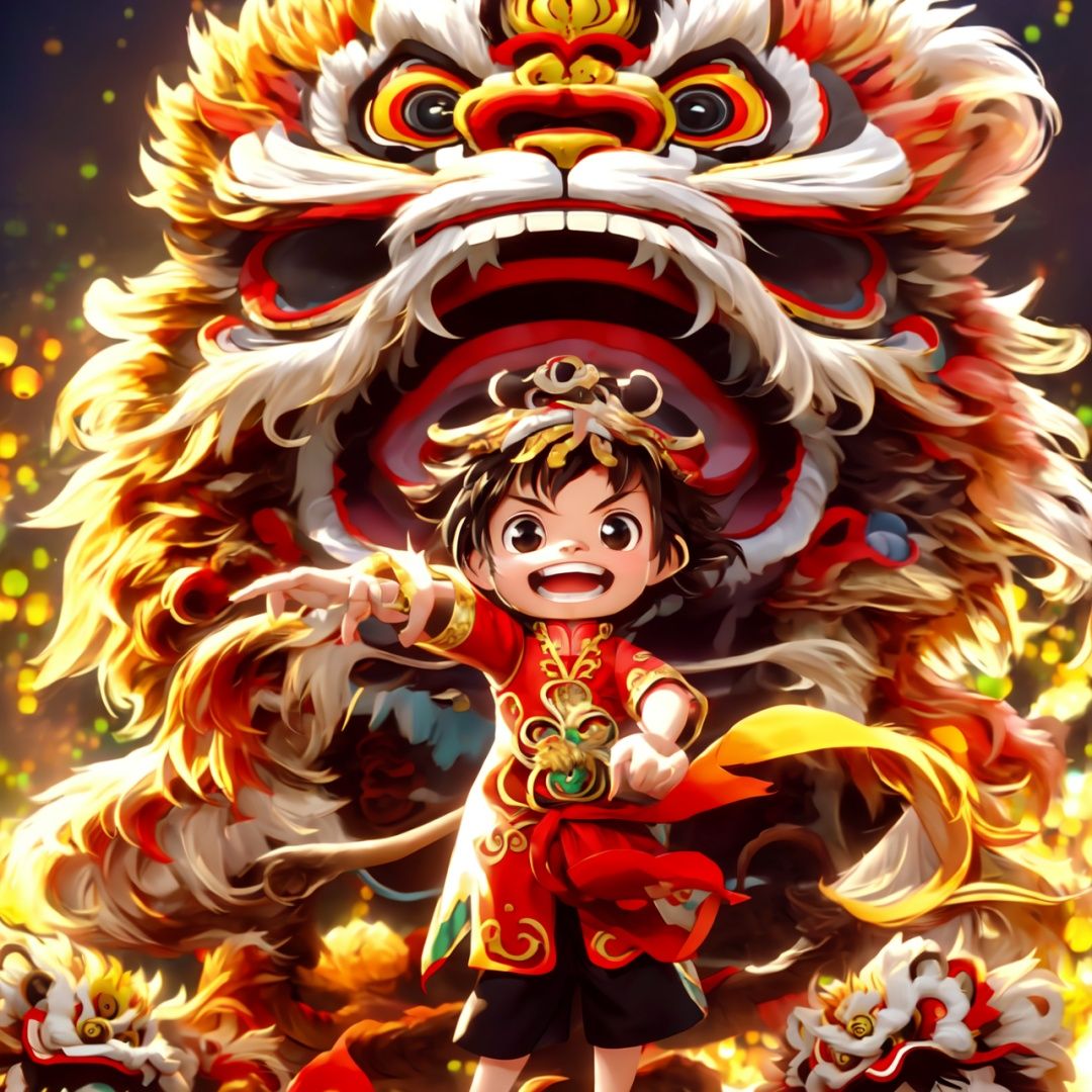  Best quality, 8k, cg,A cute boy,A lion dance,particulars,Cute Style,smile