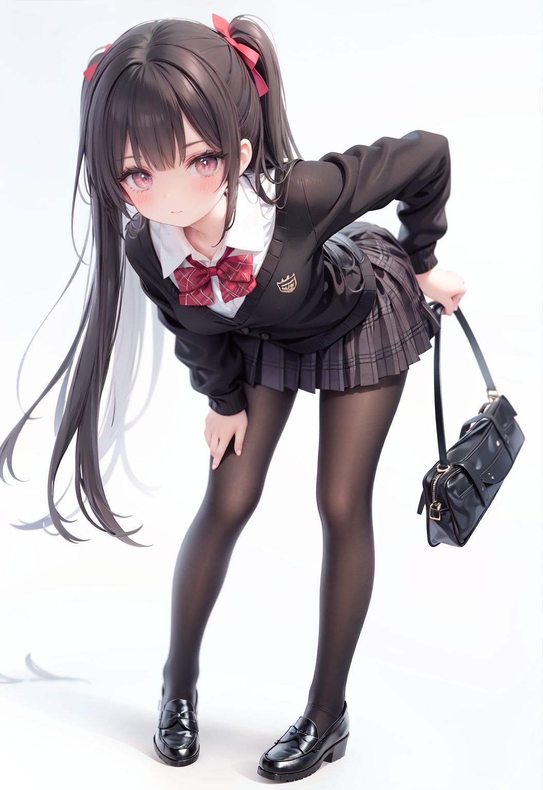  1girl, solo, pantyhose, skirt, long hair, loafers, shoes, simple background, school uniform, brown eyes, plaid, black pantyhose, plaid skirt, looking at viewer, black hair, pantyhose pull, full body, clothes pull, black footwear, pleated skirt, leaning forward, bangs, long sleeves, bent over, cardigan, bow, bowtie, standing, closed mouth, pulled by self, grey background, blush, miniskirt, red bow, sweater, **********