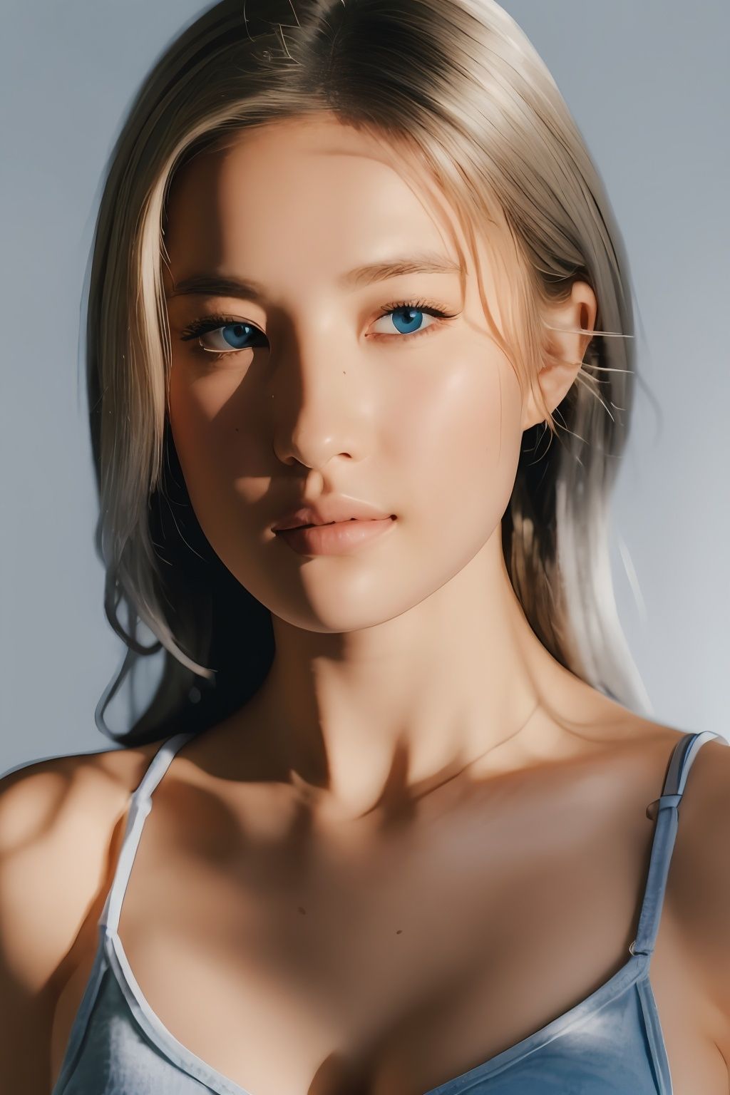  (8k, best quality, masterpiece, ), ultra detailed illustration, extremely detailed face, RAW photo, film grain, skin pores, warm light, cleavage, 1girl, solo, realistic, sky blue eyes, long hair, looking at viewer, lips, simple background, grey background, full shot, blonde hair, hair, **** top, closed mouth, nose