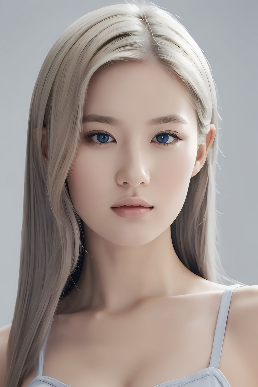  (8k, best quality, masterpiece, ), ultra detailed illustration, extremely detailed face, RAW photo, film grain, skin pores, warm light, cleavage, 1girl, solo, realistic, sky blue eyes, long hair, looking at viewer, lips, simple background, grey background, full shot, blonde hair, hair, **** top, closed mouth, nose