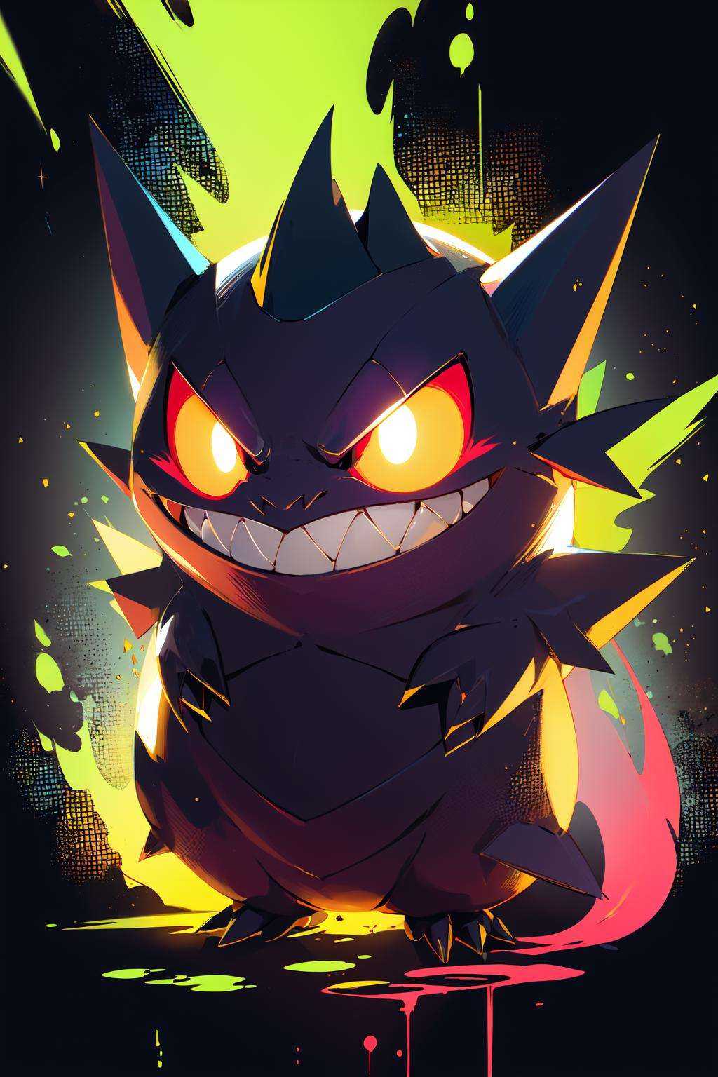 (masterpiece:1.2), best quality,PIXIV, Gengar,no humans, pokemon (creature), solo, looking at viewer, full body, glowing, yellow eyes, teeth, colored sclera, black background<lora:Gengar_20231030164316-000018:0.8>