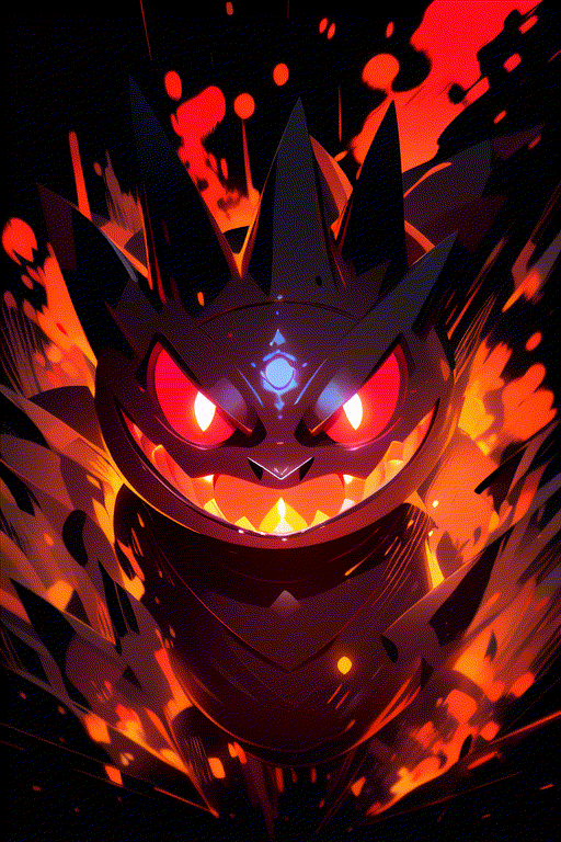  gengar (masterpiece:1.2), best quality,PIXIV, Gengar,fire,glowing,black background 