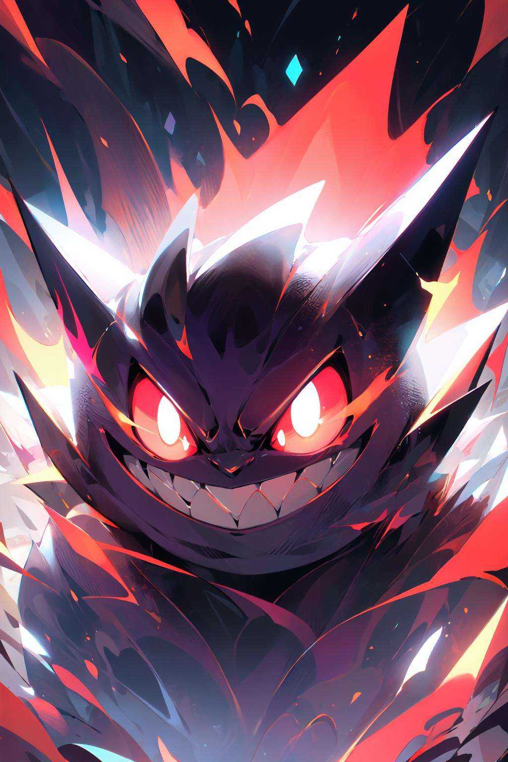 (masterpiece:1.2), best quality,PIXIV, Gengar,pokemon (creature), gengar, no humans, solo, smile, grin, glowing eyes, glowing, looking at viewer, red eyes, teeth, light trail<lora:Gengar_20231030164316:0.8>