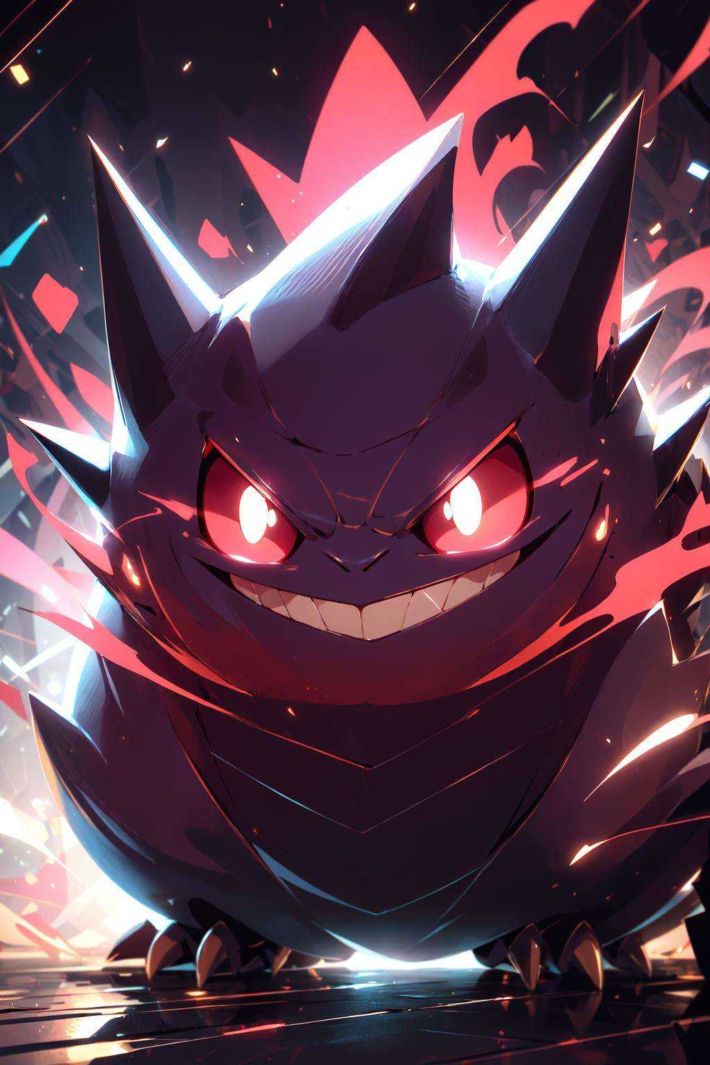 (masterpiece:1.2), best quality,PIXIV, Gengar,pokemon (creature), gengar, no humans, solo, smile, grin, glowing eyes, glowing, looking at viewer, red eyes, teeth, light trail<lora:Gengar_20231030164316:0.8>