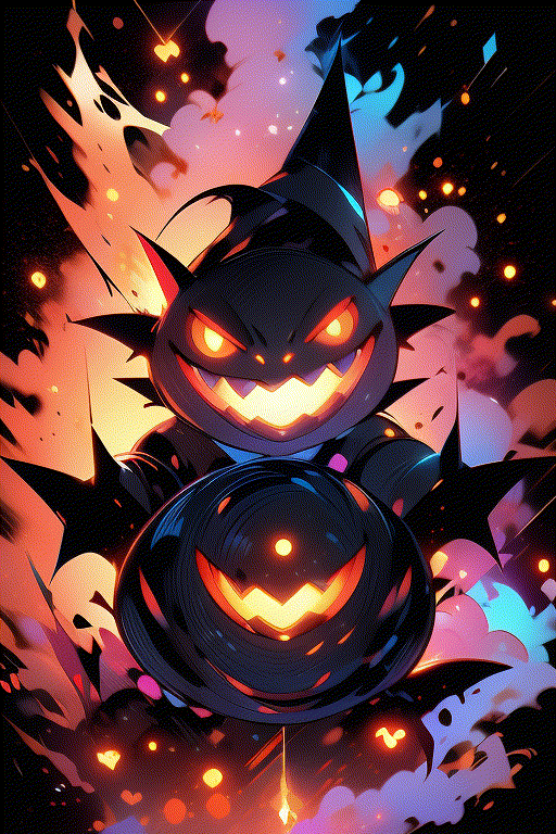  gengar (masterpiece:1.2), best quality,PIXIV, Gengar,fire,glowing,black background 