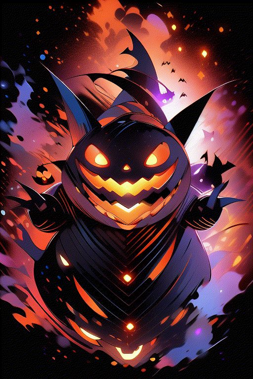  gengar (masterpiece:1.2), best quality,PIXIV, Gengar,fire,glowing,black background ,Halloween,halloween costume