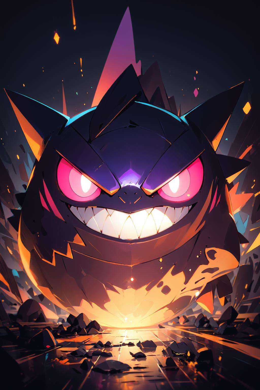 (masterpiece:1.2), best quality,PIXIV, Gengar,pokemon (creature), no humans, teeth, sharp teeth, solo, looking at viewer, smile, open mouth, pink eyes, purple eyes, black background<lora:Gengar_20231030164316-000018:0.8>