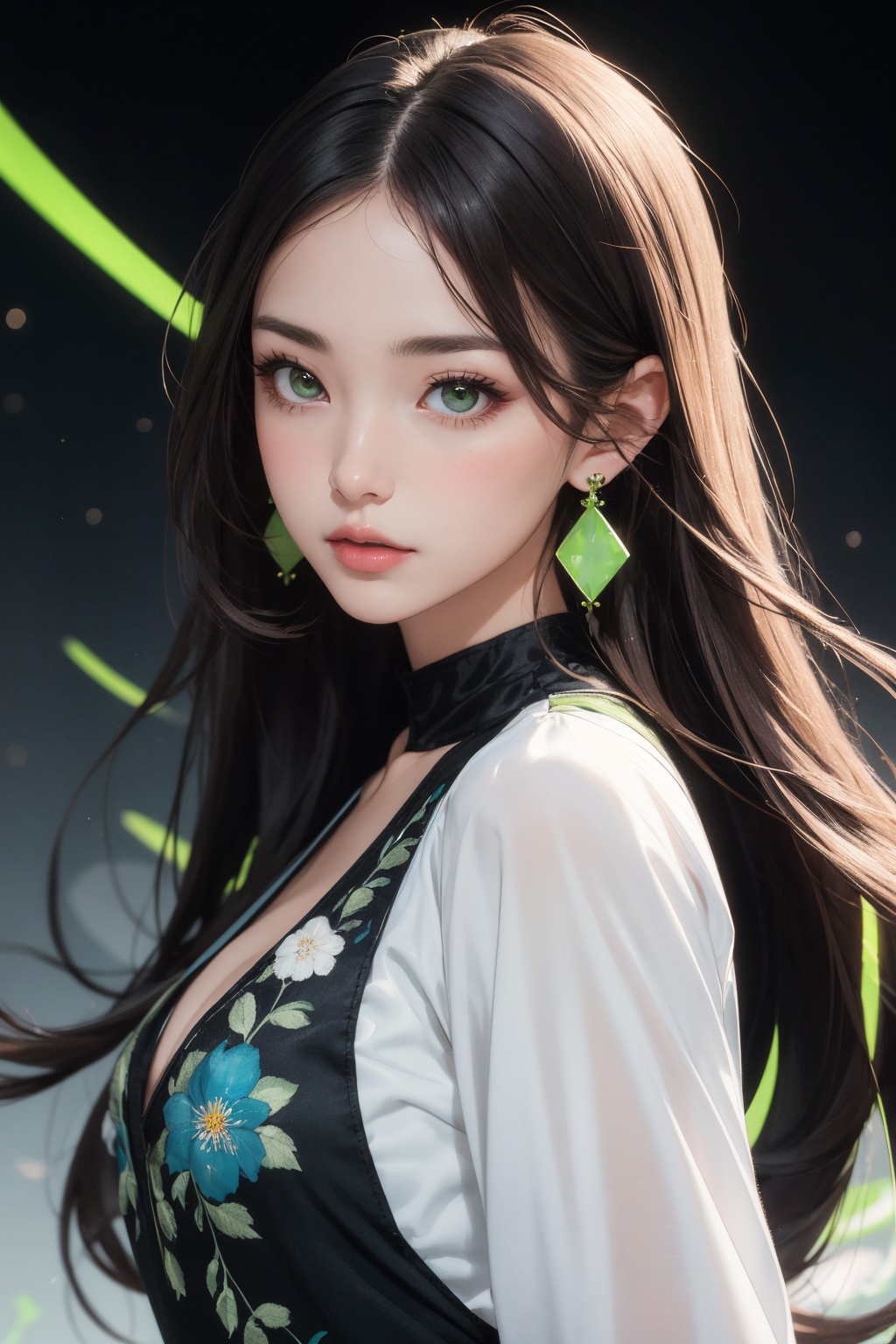 A beautiful girl with off-white long hair,  white luminous eyes,  green luminous earrings on Tensor.Art