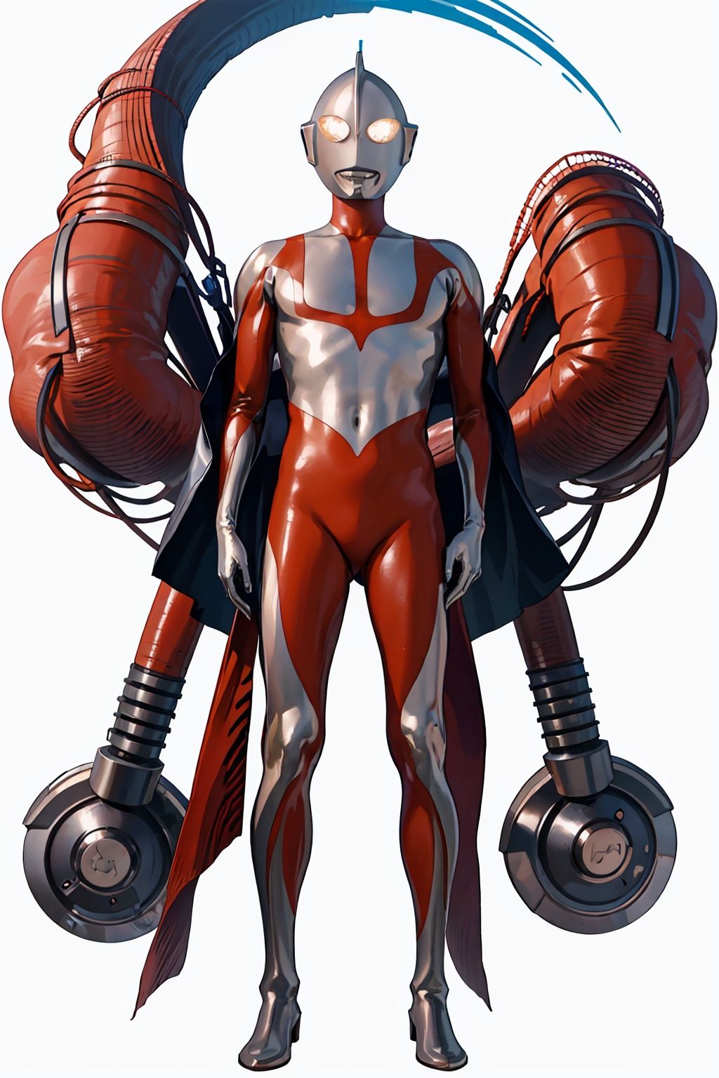 (masterpiece:1.3), (the best quality:1.2), (super fine illustrations:1.2), (Masterpiece), high quality, high detail,((white background:1.2)), looking at viewer, (SOLO:1.4),outline,,simple background,white bodysuit,white gloves,legwear,gloves,boots,logo,cover,mask,plugsuit,bodysuit,red pattern on body,white tight-fitting,white footwear,helmet,leather suit,ultraman,latex