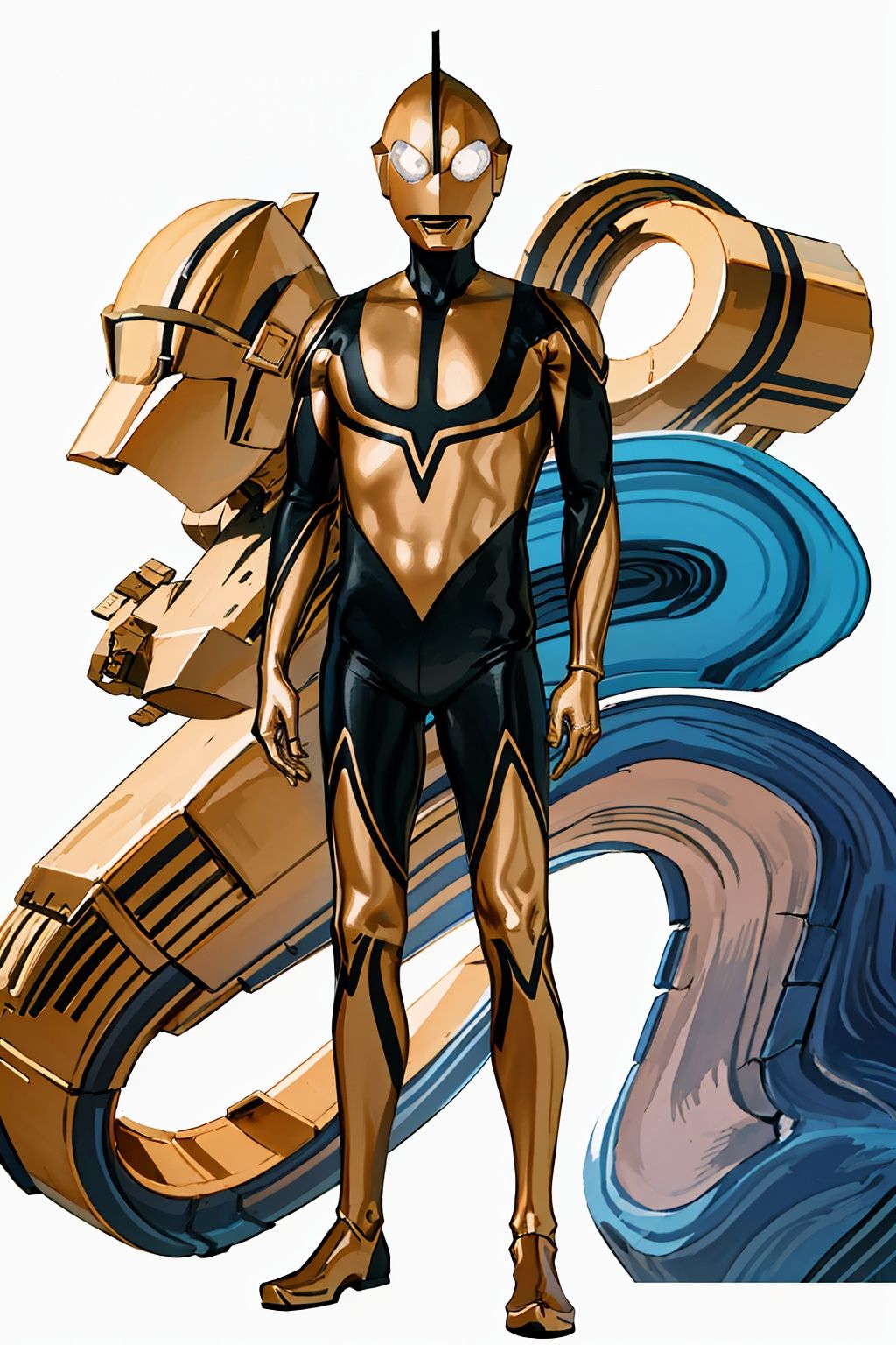 (masterpiece:1.3), (the best quality:1.2), (super fine illustrations:1.2), (Masterpiece), high quality, high detail,((white background:1.2)), looking at viewer, (SOLO:1.4),outline,,simple background,gold bodysuit,gold gloves,legwear,gloves,boots,logo,cover,mask,plugsuit,bodysuit,black pattern on body,gold tight-fitting,gold footwear,helmet,leather suit,ultraman,latex