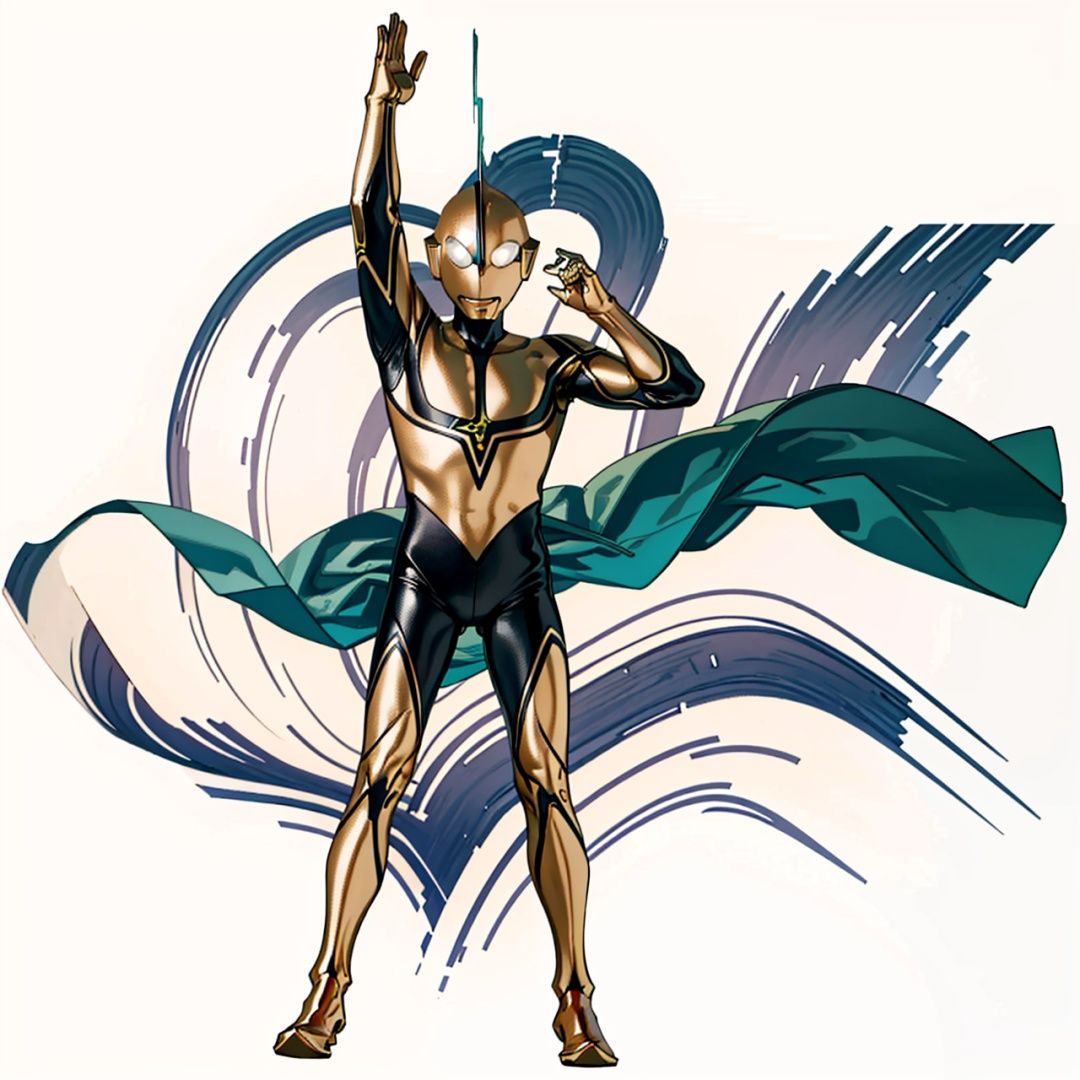 (masterpiece:1.3), (the best quality:1.2), (super fine illustrations:1.2), (Masterpiece), high quality, high detail,((white background:1.2)), looking at viewer, (SOLO:1.4),outline,,simple background,gold bodysuit,gold gloves,legwear,gloves,boots,logo,cover,mask,plugsuit,bodysuit,black pattern on body,gold tight-fitting,gold footwear,helmet,leather suit,ultraman,latex