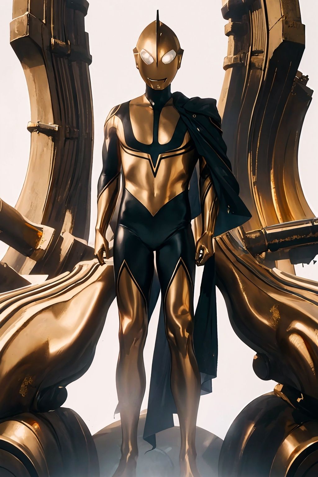 (masterpiece:1.3), (the best quality:1.2), (super fine illustrations:1.2), (Masterpiece), high quality, high detail,((white background:1.2)), looking at viewer, (SOLO:1.4),outline,,simple background,gold bodysuit,gold gloves,legwear,gloves,boots,logo,cover,mask,plugsuit,bodysuit,black pattern on body,gold tight-fitting,gold footwear,helmet,leather suit,ultraman,latex