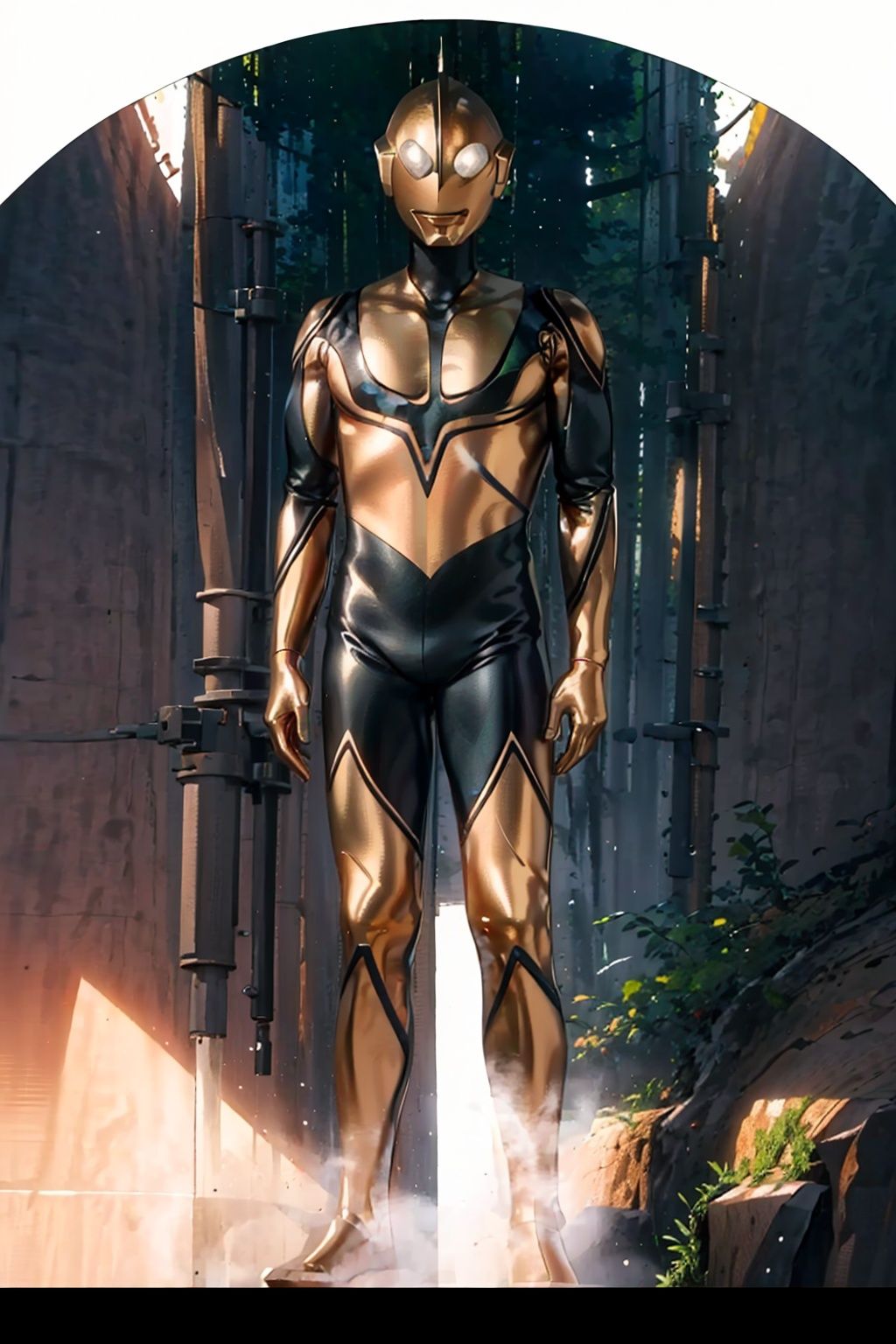 (masterpiece:1.3), (the best quality:1.2), (super fine illustrations:1.2), (Masterpiece), high quality, high detail,((white background:1.2)), looking at viewer, (SOLO:1.4),outline,,simple background,gold bodysuit,gold gloves,legwear,gloves,boots,logo,cover,mask,plugsuit,bodysuit,black pattern on body,gold tight-fitting,gold footwear,helmet,leather suit,ultraman,latex
