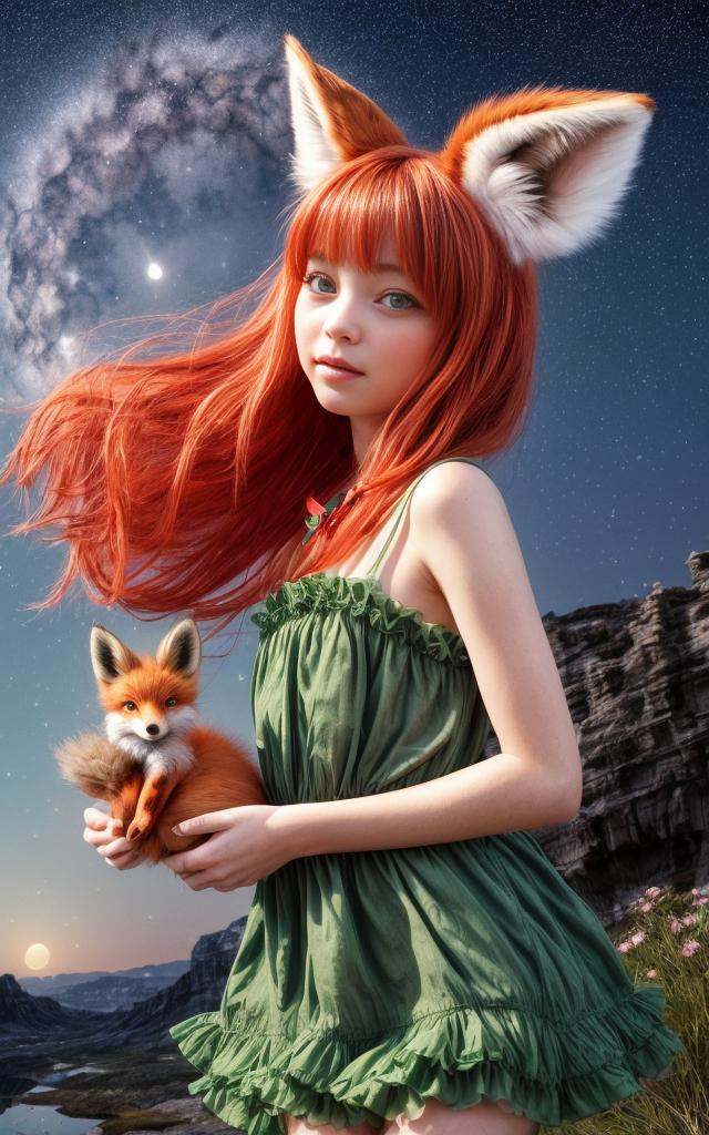 The (girl with fox ears) in a ((green frilly dress) with (red ribbons)),  she carries a ((small fox)) in her arms,  her (l...