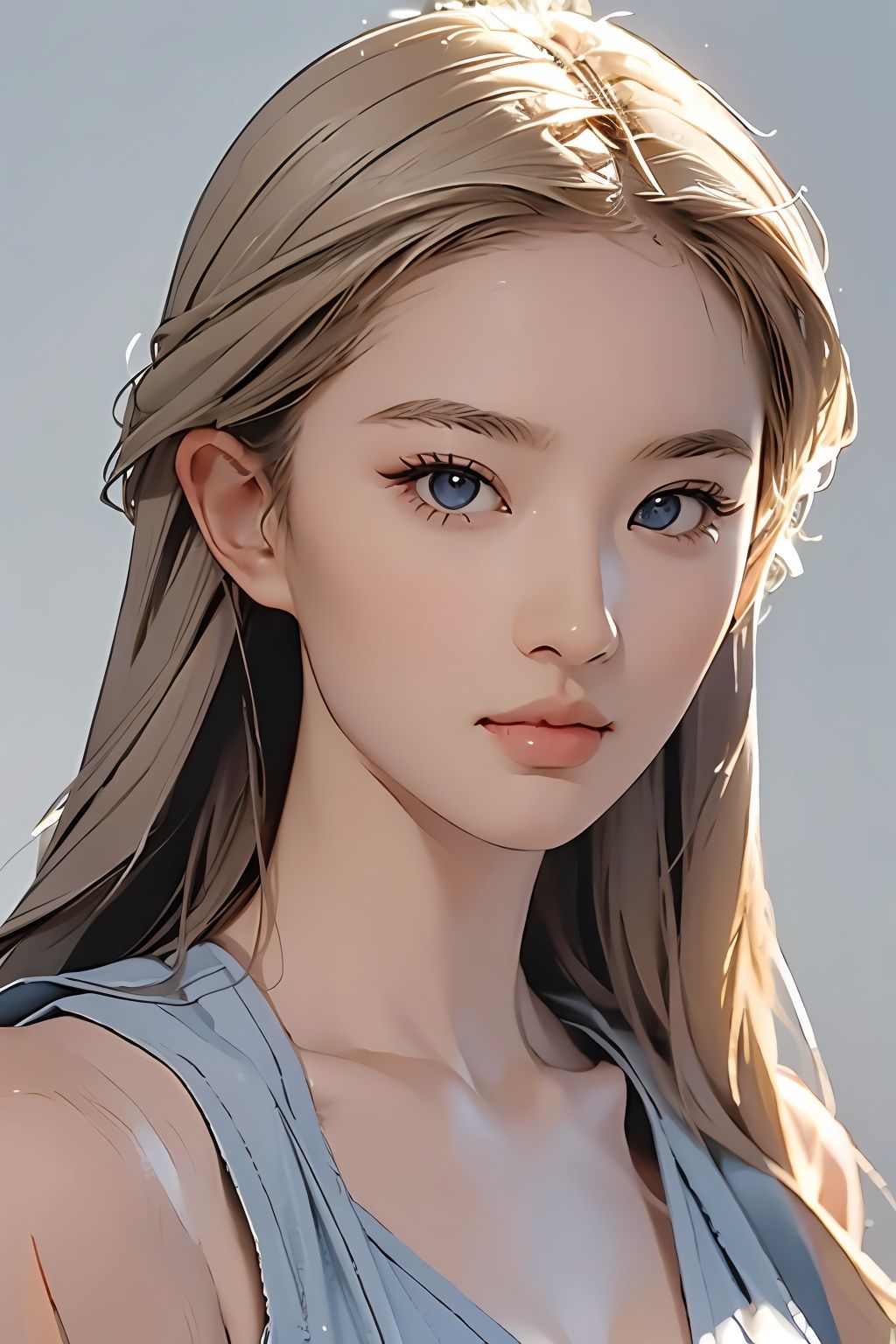  (8k, best quality, masterpiece, ), ultra detailed illustration, extremely detailed face, RAW photo, film grain, skin pores, warm light, cleavage, 1girl, solo, realistic, sky blue eyes, long hair, looking at viewer, lips, simple background, grey background, full shot, blonde hair, hair, **** top, closed mouth, nose