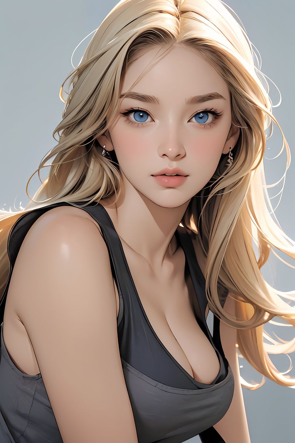  (8k, best quality, masterpiece, ), ultra detailed illustration, extremely detailed face, RAW photo, film grain, skin pores, warm light, cleavage, 1girl, solo, realistic, sky blue eyes, long hair, looking at viewer, lips, simple background, grey background, full shot, blonde hair, hair, **** top, closed mouth, nose