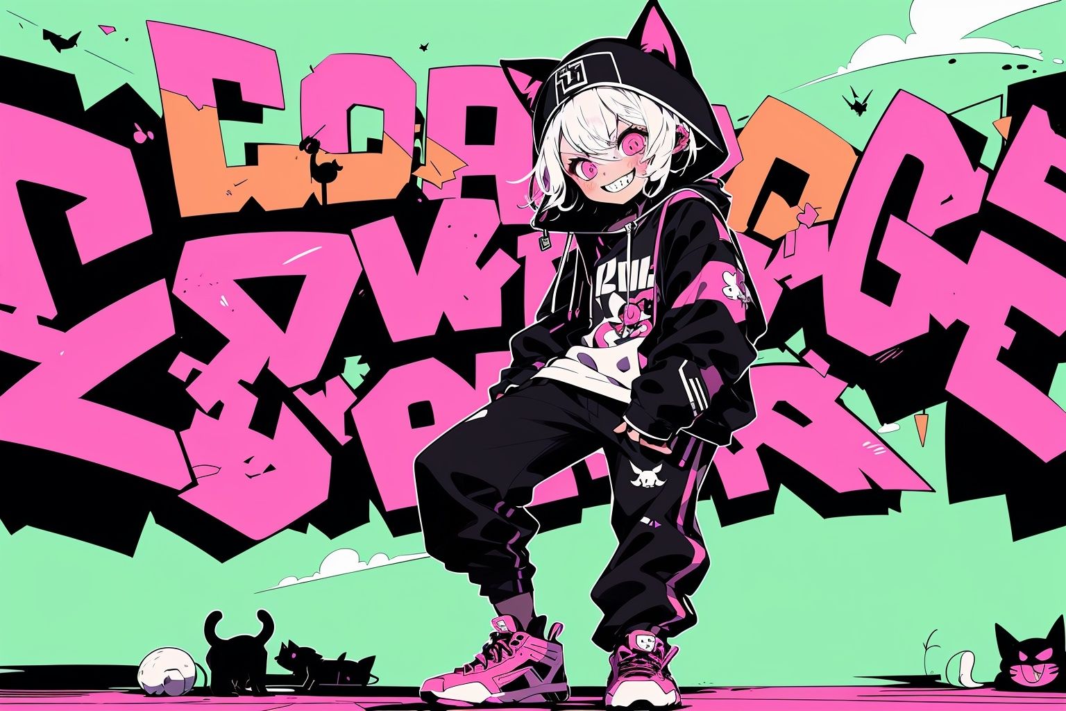 Larme Kei3, animal ears, cat, black hair, beanie, hat, shoes, cat ears,standing, smile, pants, hood, black pants, short hair, sneakers, looking at viewer,  solo, hoodie, pink eyes, grin, 1girl, jacket, graffiti, long sleeves, black headwear <lora:Larme Kei_20231031093831-000012:1>