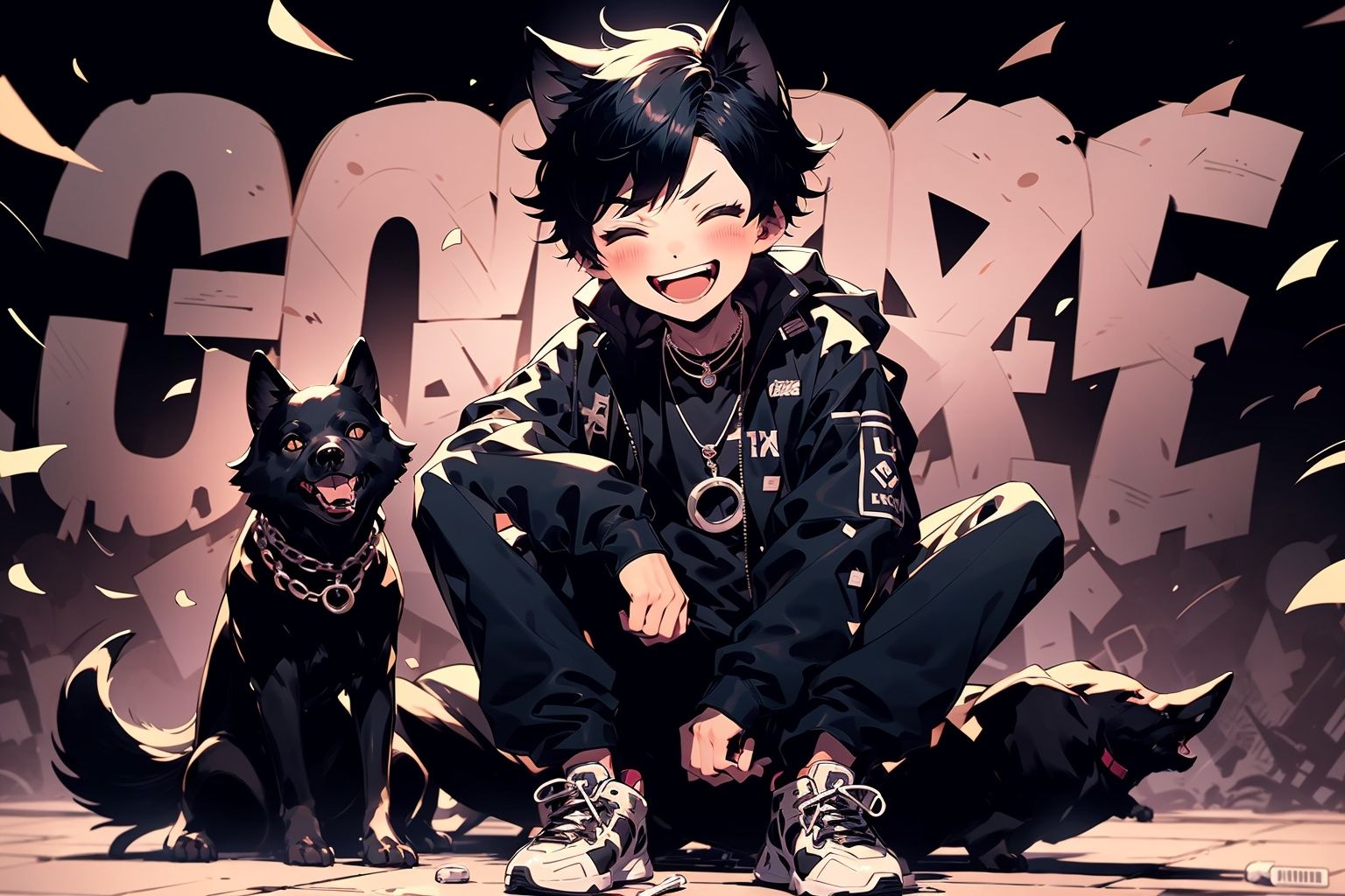 Larme Kei3, 1 boy, one eye closed, black hair, male focus, coat, blue eyes, animal ears, open mouth, black jacket, smiling, dog, shirt, looking at audience, pants, wolf, long sleeves, sitting, short hair, teeth, solo, necklace<lora:Larme Kei_20231031093831-000012:1>