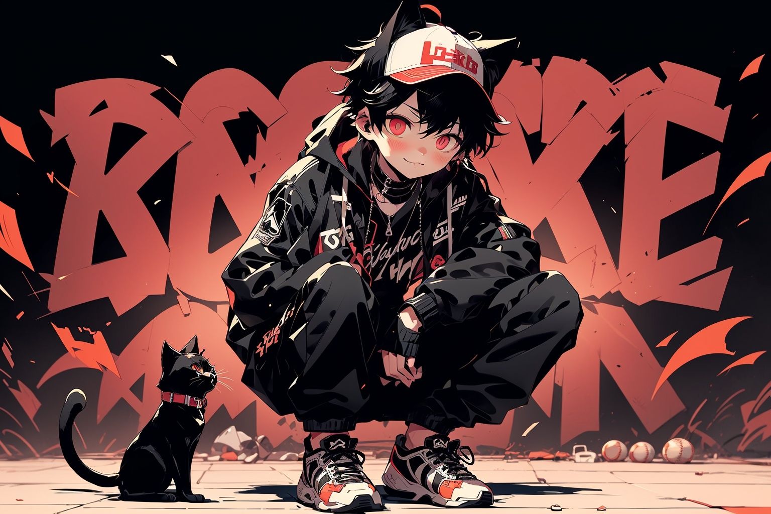 Larme Kei3, 1boy, cat, black hair, male focus, red eyes,  hat, black cat, cat tail, animal ears, letterboxed, looking at viewer, baseball cap, cat ears, animal, slit pupils, squatting, jacket, bag, pants, black jacket <lora:Larme Kei_20231031093831-000012:1>