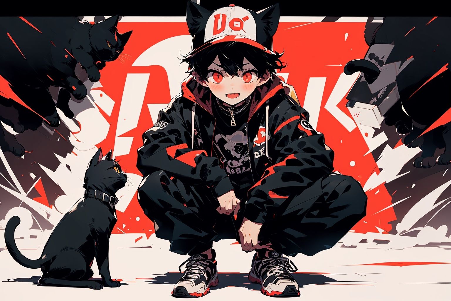 Larme Kei3, 1boy, cat, black hair, male focus, red eyes,  hat, black cat, cat tail, animal ears, letterboxed, looking at viewer, baseball cap, cat ears, animal, slit pupils, squatting, jacket, bag, pants, black jacket <lora:Larme Kei_20231031093831-000012:1>