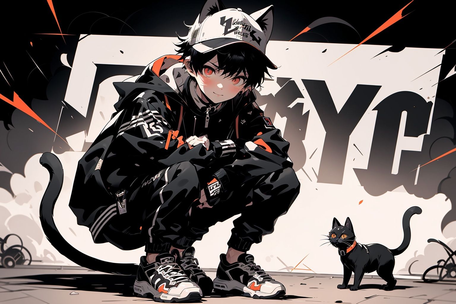 Larme Kei3, 1boy, cat, black hair, male focus, red eyes,  hat, tail, black cat, cat tail, animal ears, letterboxed, looking at viewer, baseball cap, cat ears, animal, slit pupils, squatting, jacket, bag, pants, black jacket <lora:Larme Kei_20231031093831-000012:1>