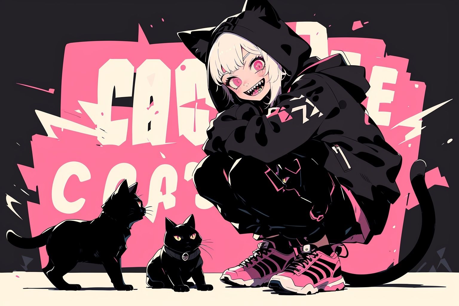 Larme Kei3, 1girl, cat, shoes, hood, sneakers, smile, pink eyes, looking at viewer, hat, solo, black jacket, animal ears, white hair, long sleeves, short hair, pants, black cat, sharp teeth, fake animal ears, tail, fishnets, bangs, socks, sitting, grin, squatting, black headwear, beanie, hooded jacket, hoodie, cat hat, pink background, black pants  <lora:Larme Kei_20231031093831-000012:1>