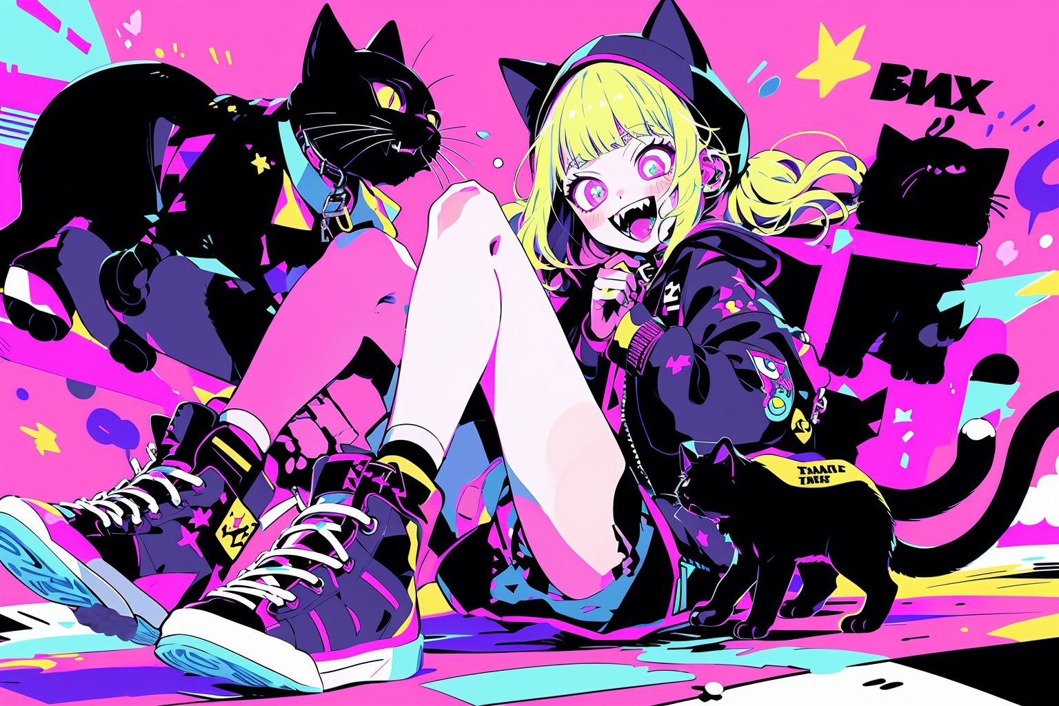 Larme Kei3, 1girl, cat, hat, chain, smile, holding, jacket, letterboxed, looking at viewer, grey hair, pink eyes, twintails, shoes, solo, open mouth, collar, black footwear, black jacket, sitting, animal, fangs, long sleeves, sneakers, purple eyes <lora:Larme Kei_20231031093831-000014:1>