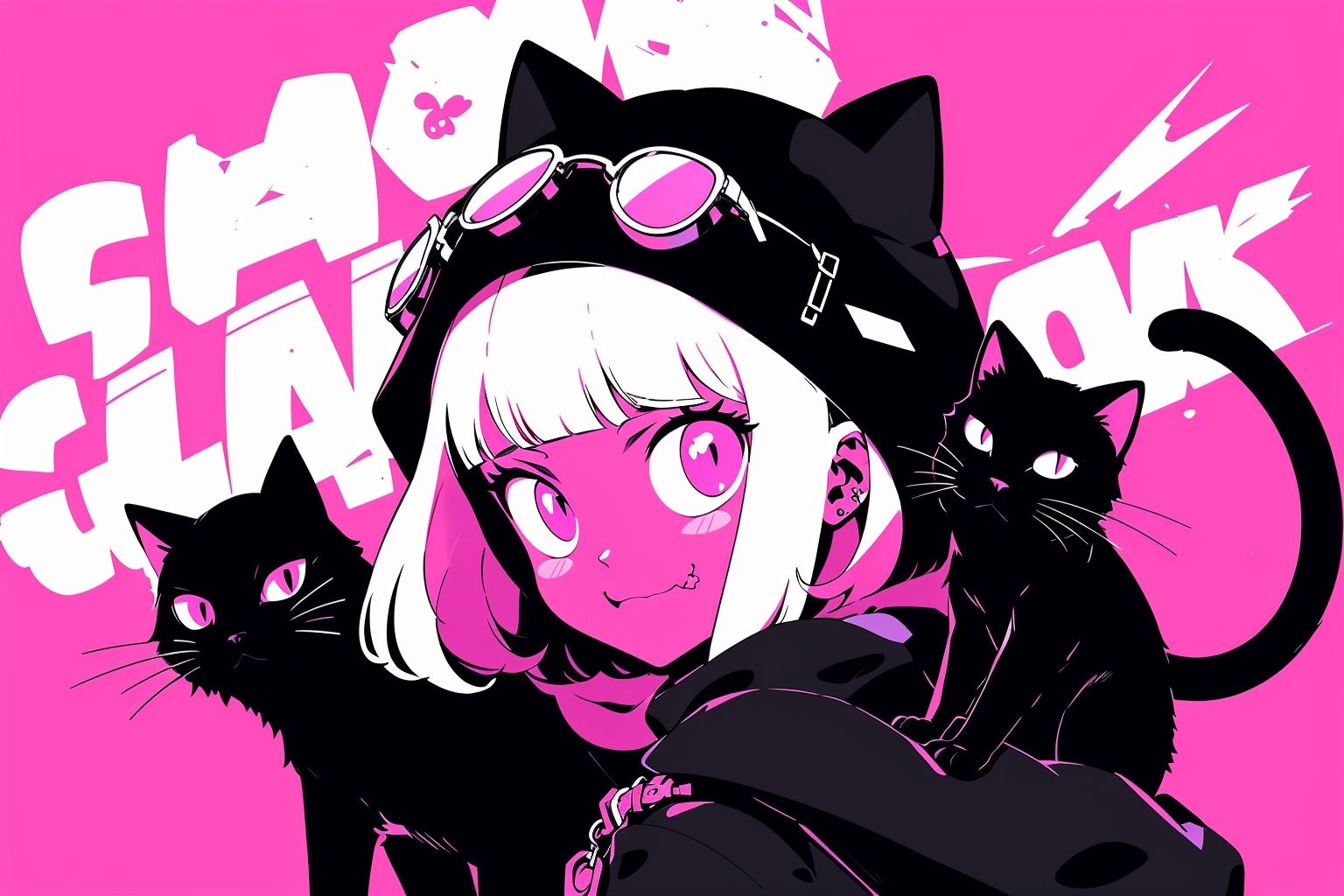 Larme Kei3, 1girl, cat, sunglasses, eyewear on head, hood, black cat, bangs, white hair, looking at viewer, blunt bangs, hood up, pink eyes<lora:Larme Kei_20231031093831-000012:1>