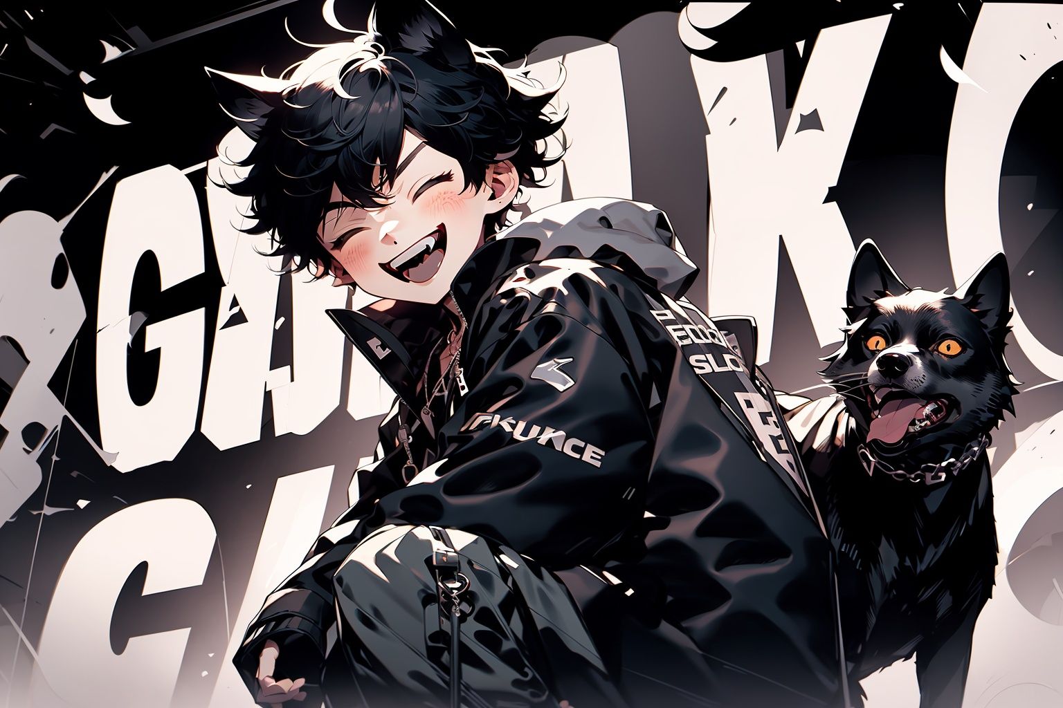 Larme Kei3, 1 boy, one eye closed, black hair, male focus, coat, blue eyes, animal ears, open mouth, black jacket, smiling, dog, shirt, looking at audience, pants, wolf, long sleeves,  short hair, teeth, solo, necklace<lora:Larme Kei_20231031093831-000012:1>