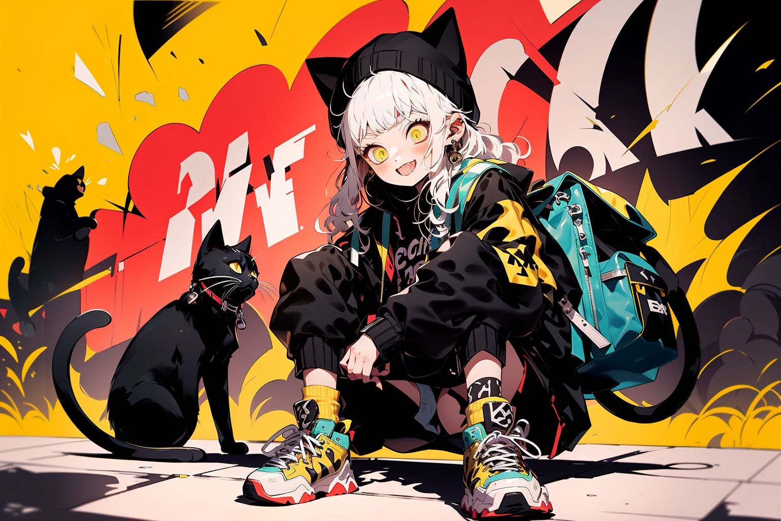 Larme Kei3, 1girl, yellow eyes, shoes, jewelry, earrings, white hair, cat, long hair, backpack, jacket, hat, sneakers, looking at audience, sitting, cat ears, solo, bangs, black jacket, shorts, green socks, animal, black cat<lora:Larme Kei_20231031093831-000012:1>