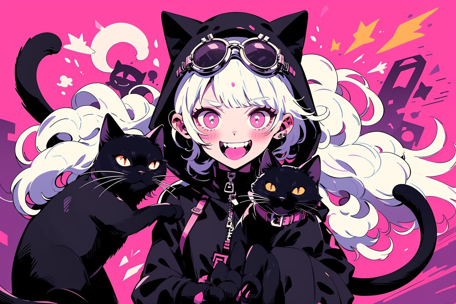 Larme Kei3, 1girl, cat, dynamic movement,sunglasses, eyewear on head, hood, black cat, bangs, white hair, looking at viewer, blunt bangs, hood up, pink eyes,ultra-wide angle<lora:Larme Kei_20231031093831-000012:1>