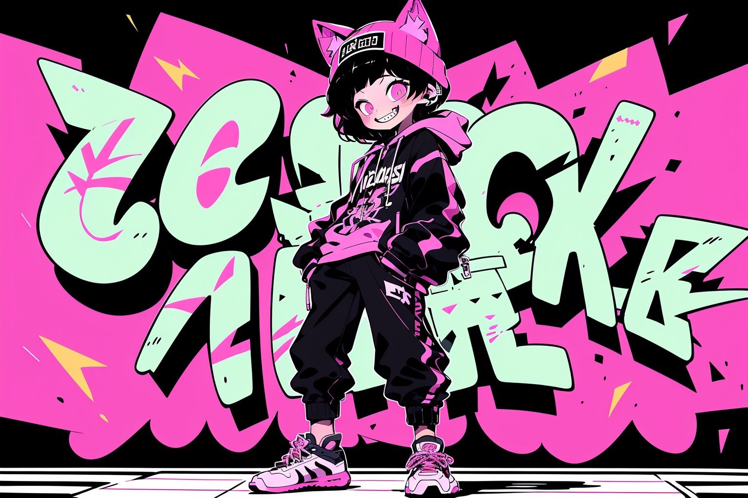 Larme Kei3, animal ears, cat, black hair, beanie, hat, shoes, cat ears,standing, smile, pants, hood, black pants, short hair, sneakers, looking at viewer,  solo, hoodie, pink eyes, grin, 1girl, jacket, graffiti, long sleeves, black headwear <lora:Larme Kei_20231031093831-000012:1>