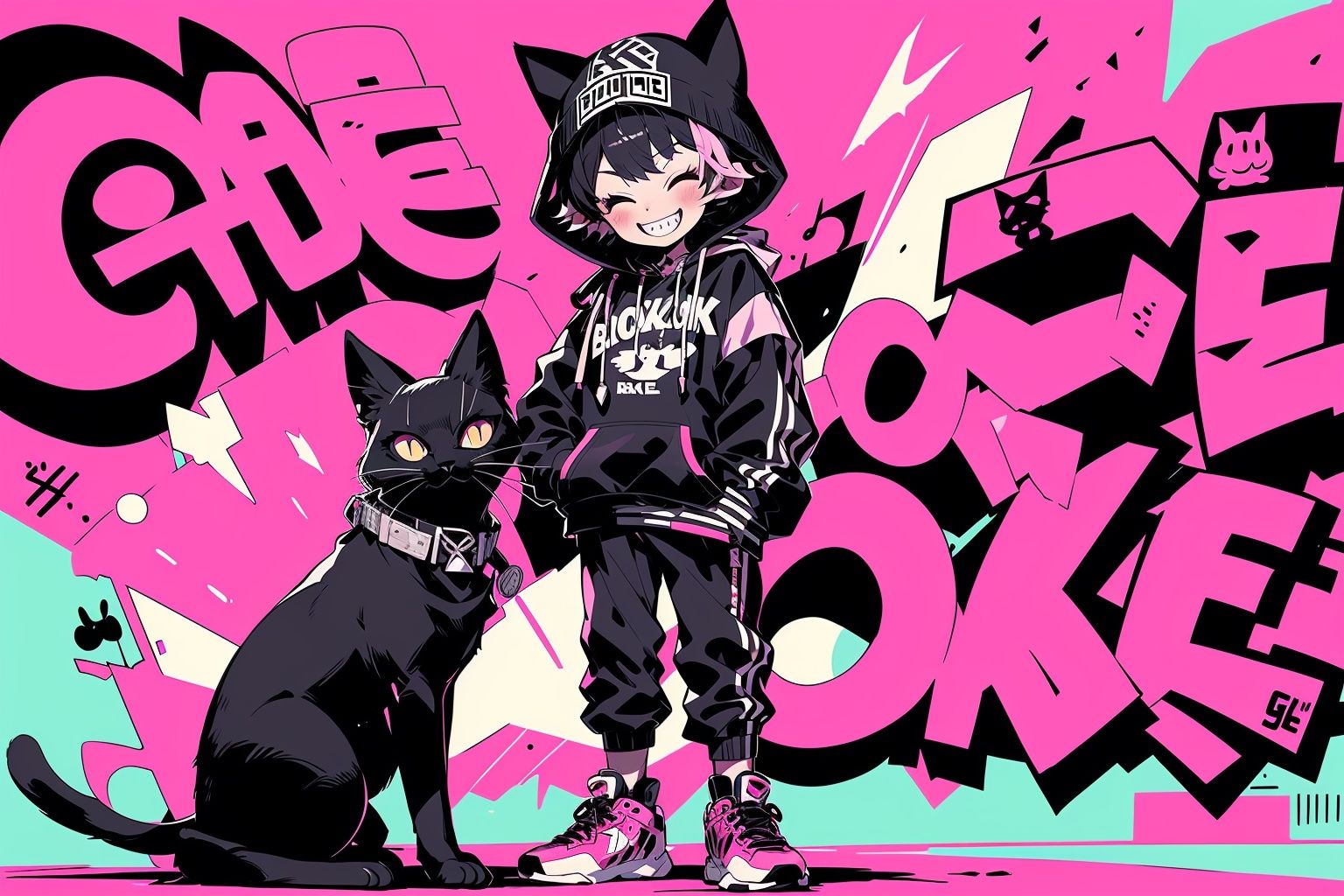 Larme Kei3, animal ears, cat, black hair, beanie, hat, shoes, cat ears,standing, smile, pants, hood, black pants, short hair, sneakers, looking at viewer, one eye closed, solo, hoodie, pink eyes, grin, 1girl, jacket, graffiti, long sleeves, black headwear <lora:Larme Kei_20231031093831-000012:1>
