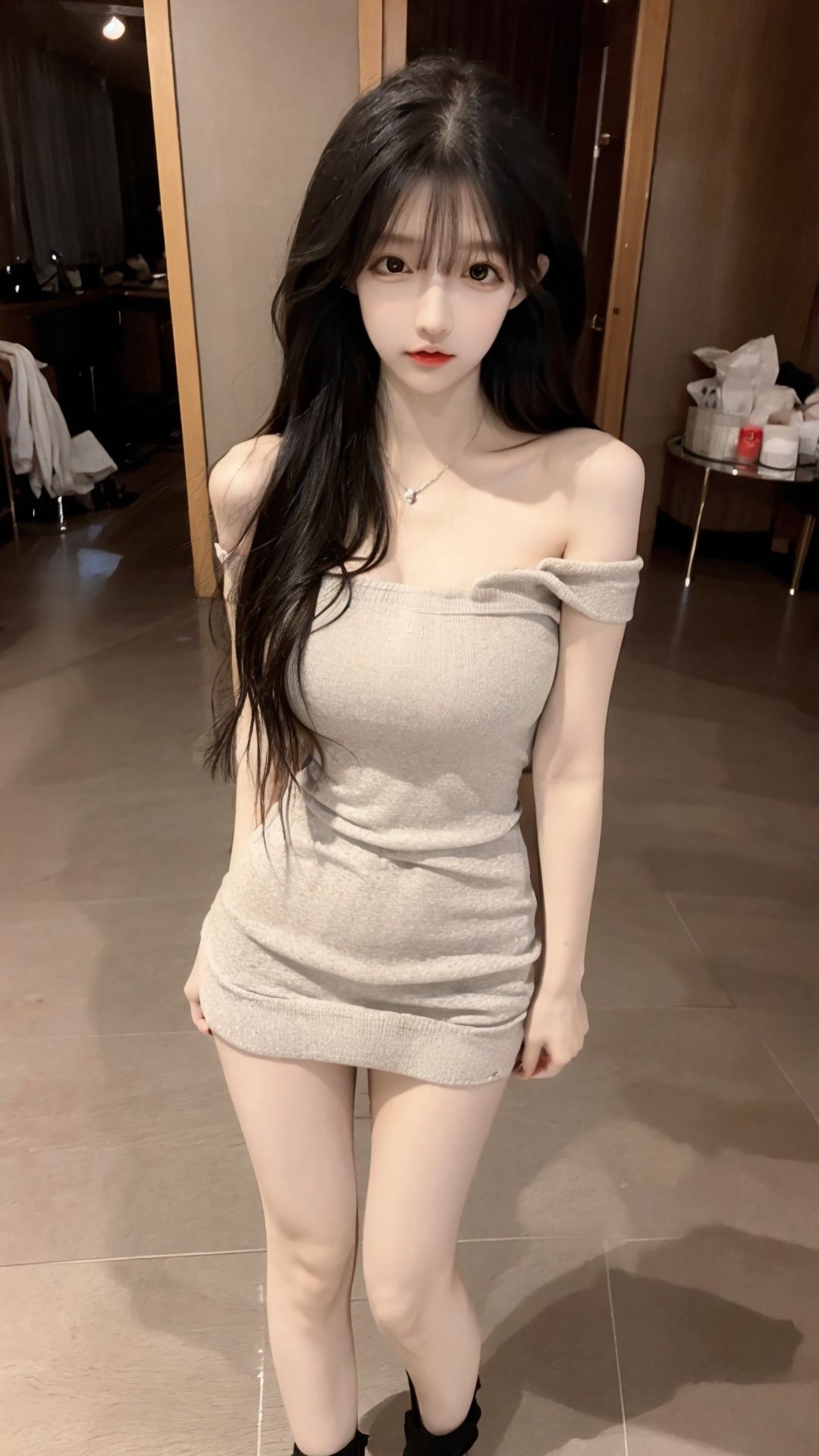  1girl in, age19, Solo, Long hair, Colossal tits, Looking at Viewer, blondehair, Bare shoulders, Brown eyes, jewely, Full body, a necklace, off shoulders, Sweaters, Realistic
