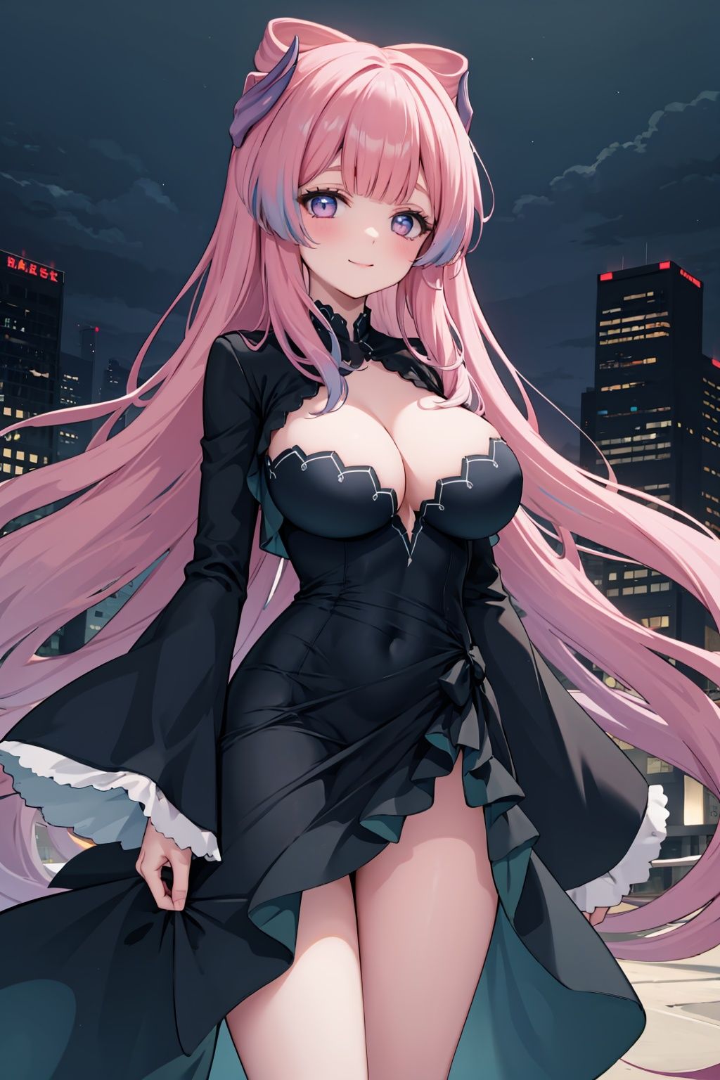 1girl,solo,standing,cowboy shot, ,<lora:ShirokoBlackDressShrugV1:1> ,black dress, shrug \(clothing\), huge breasts, night, city, outdoors, wide sleeves,    light smile,  black sleeves,  <lora:char-kokomi:1> 