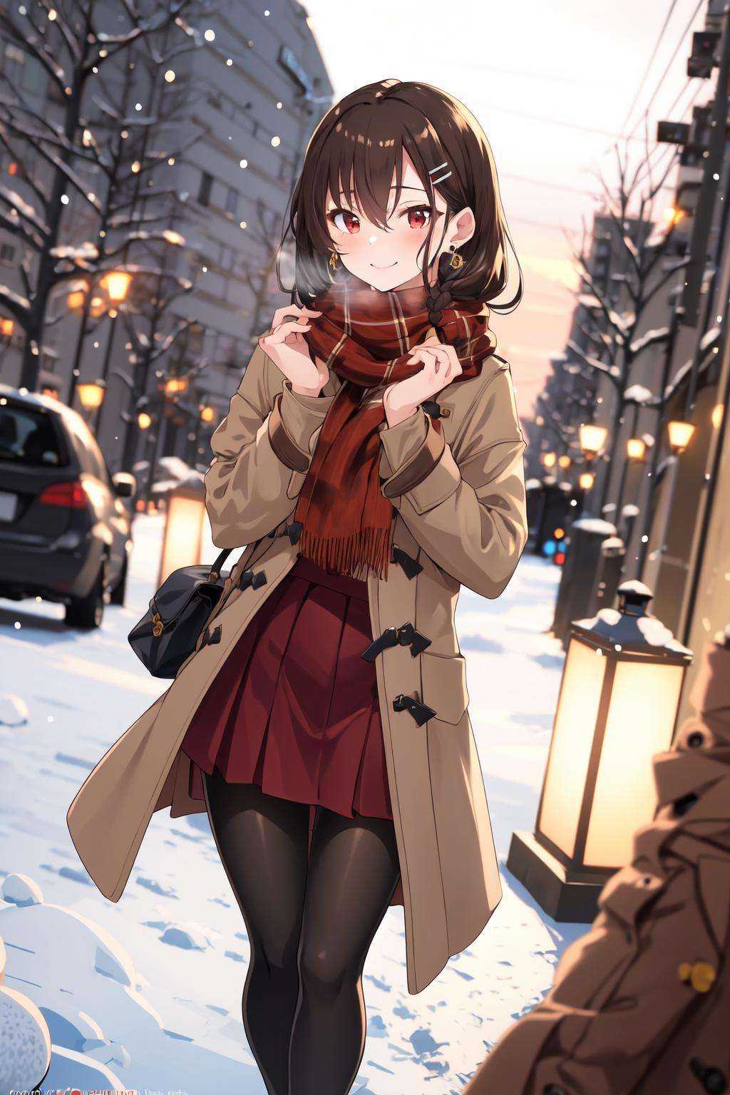 -galgame style, 1girl, solo, pantyhose, long hair, skirt, brown hair, red skirt, red eyes, outdoors, night, sweater, railing, bangs, lamppost, long sleeves, blurry, looking at viewer, blurry background, coat, hair ornament, open clothes, jewelry, earrings, brown coat, smile, black pantyhose, hairclip, white sweater, snowing, braid, standing, closed mouth, winter, blush, hair between eyes, open coat, feet out of frame, tree, depth of field, own hands together, ribbed sweater, sky, hands up, scarf, high-waist skirt, brown pantyhose, turtleneck, snow, thigh gap, turtleneck sweater<lora:galgame style (10):0.8>