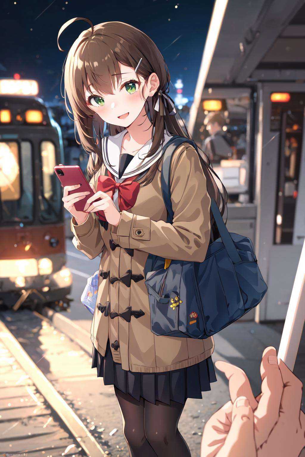 -galgame style, 1girl, green eyes, school uniform, skirt, pantyhose, phone, cellphone, smile, open mouth, long hair, holding, hair ornament, coat, bag, train interior, hairclip, smartphone, ahoge, holding phone, looking at viewer, brown hair, ribbon, serafuku, solo focus, pov, :d, black skirt, pleated skirt, bangs, blurry, hair ribbon, sailor collar, school bag, train station, blush, open coat, pov hands, ground vehicle, long sleeves, collarbone, bow, depth of field, open clothes, standing, cardigan, red bow, brown coat, train, blurry background, bowtie<lora:galgame style (10):0.8>