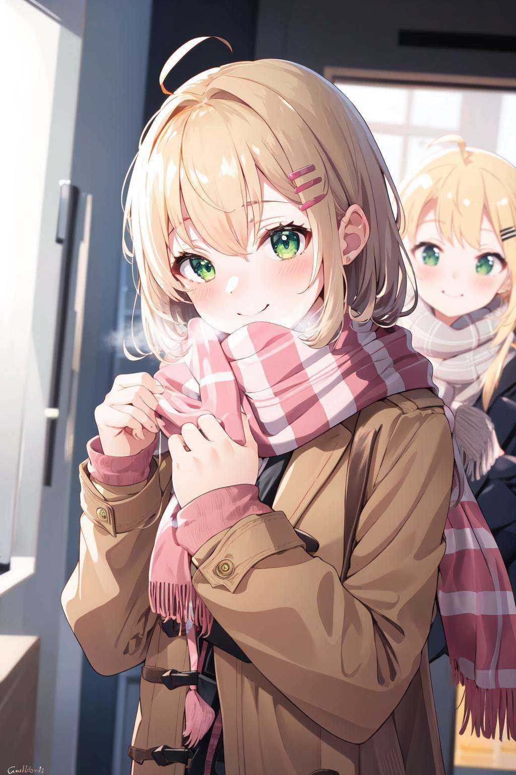 -galgame style, 1girl, solo, green eyes, hair ornament, pink scarf, scarf, ahoge, smile, mirror, reflection, blurry, hairclip, jacket, plaid, blush, bangs, fur trim, pink jacket, virtual youtuber, plaid scarf, closed mouth, depth of field, cardigan, shirt, pink cardigan, dated, long sleeves, indoors, brown hair, open clothes, fringe trim, blurry foreground, signature, upper body, blonde hair, coat<lora:galgame style (10):0.8>