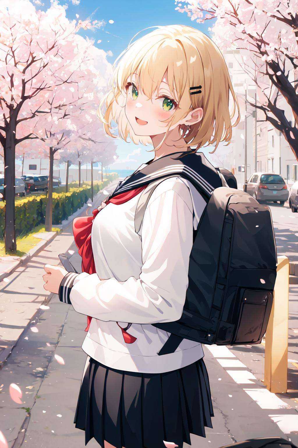 -galgame style, school uniform, 1girl, skirt, bag, outdoors, smile, green eyes, looking at viewer, pleated skirt, hair ornament, blonde hair, open mouth, hairclip, white sailor collar, short hair, serafuku, :d, blush, sailor collar, cherry blossoms, bangs, long sleeves, backpack, shirt, solo focus, black skirt, black shirt, tree, bow, school bag, red bow, petals, looking back, bowtie, road, fence, day, standing, red bowtie, black serafuku<lora:galgame style (10):0.8>