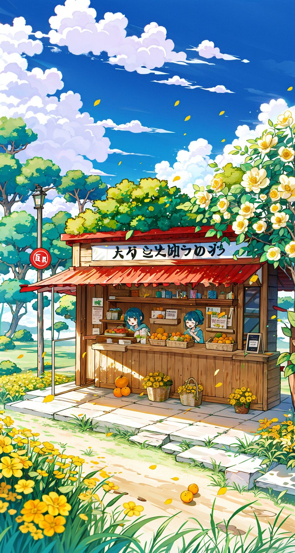 Shampoo, with a shop, grocery store, illustrations, trees, grass, yellow flowers, oranges, moss, stools, clouds, fallen leaves, sunshades, delicious food, steamed buns, detailed character designs, road signs, and vertical paintings