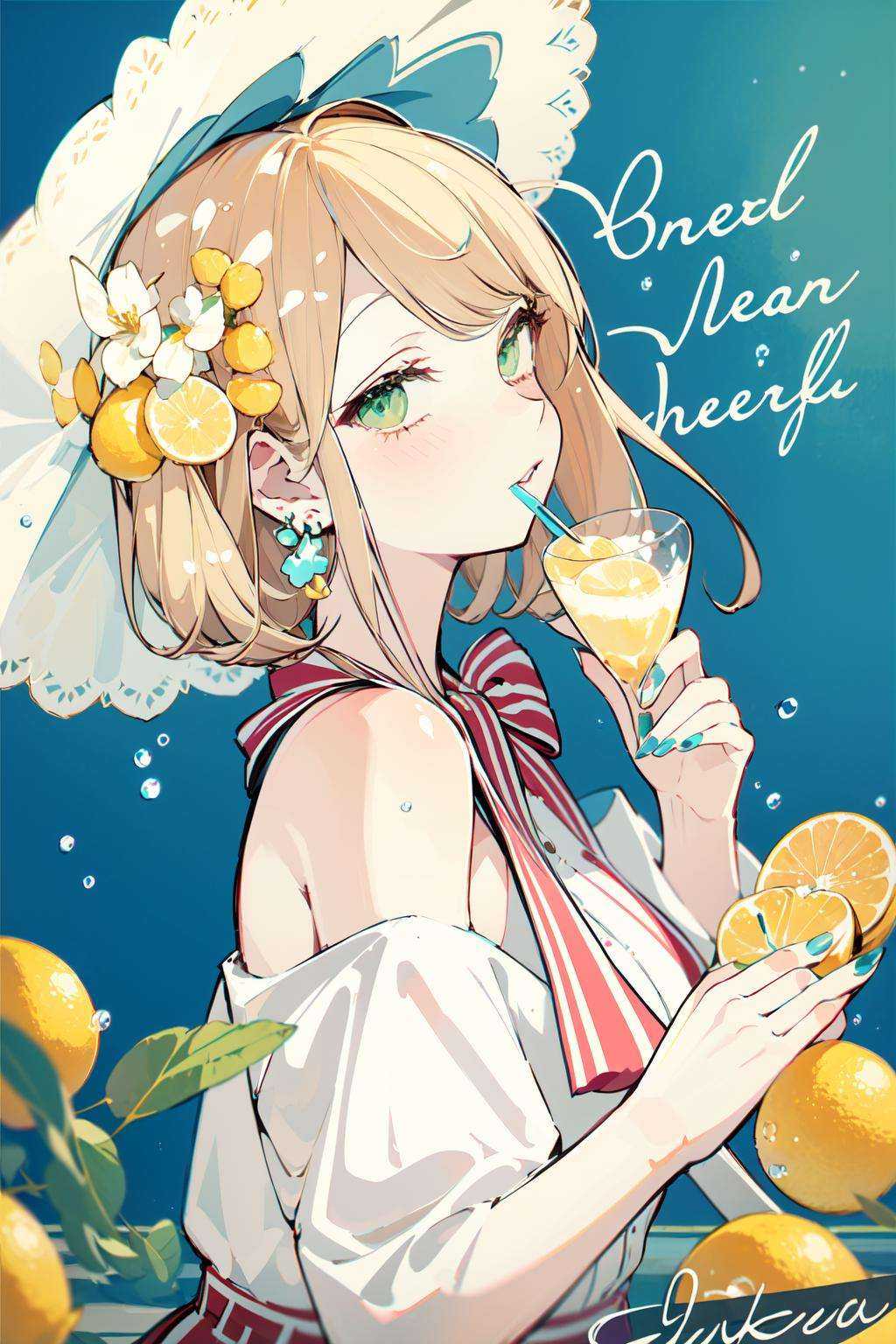 (masterpiece:1.2), best quality,PIXIV, Sweet girl portrait, 1girl, lemon, solo, lemon slice, hat, jewelry, blonde hair, earrings, cup, looking at viewer, flower, fruit, holding, bow, food, green eyes, bangs, bare shoulders, food-themed earrings, holding cup, drinking glass, white headwear, nail polish, polka dot, hat bow, off shoulder, short hair, white flower, blush, striped bow, portrait, english text, bubble, flower earrings, plaid, upper body, from side <lora:Sweet girl portrait_20231030170647-000016:1>