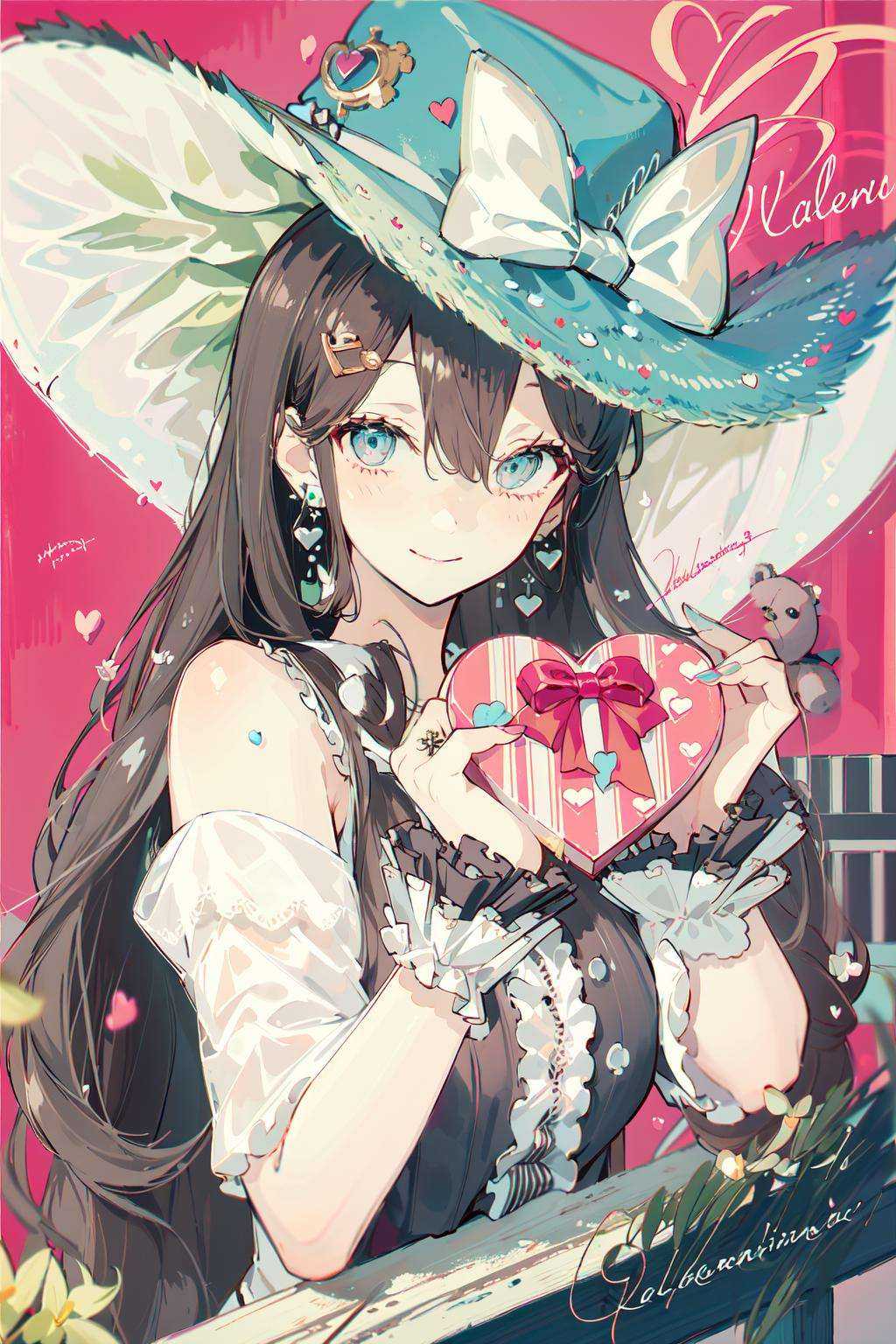(masterpiece:1.2), best quality,PIXIV,Sweet girl portrait,1girl, teddy bear, stuffed animal, stuffed toy, solo, holding, hat, holding stuffed toy, heart, bow, hair ornament, signature, earrings, jewelry, upper body, striped, hairclip, looking at viewer, hat bow, closed mouth, bangs, bare shoulders, hair between eyes, tattoo, box, black headwear, grey hair, striped bow, gift, blue eyes, red background, valentine, chocolate, ribbon, braid, nail polish, shirt, wrist cuffs, gift box, black bow, off shoulder, two-tone background, vertical stripes, hair rings, smile, long hair<lora:Sweet girl portrait_20231030170647-000018:1>