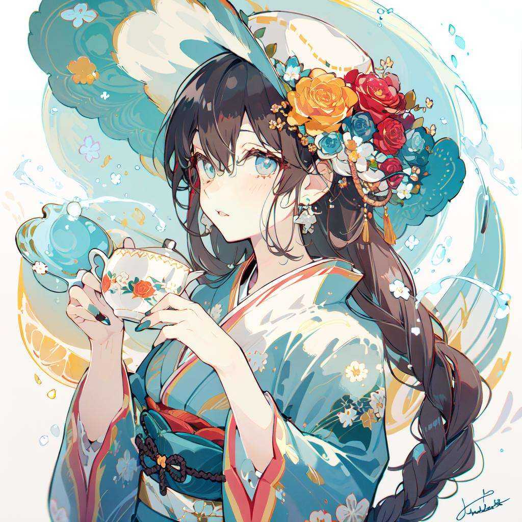 (masterpiece:1.2), best quality,PIXIV,Sweet girl portrait,1girl, solo, japanese clothes, kimono, flower, cup, hair ornament, teacup, sash, holding, obi, hair flower, hat, earrings, blue kimono, teapot, jewelry, blue eyes, upper body, bangs, long hair, rose, nail polish, tea, blue flower, blue nails, holding cup, frills, white flower, bow, blue headwear, looking at viewer, wide sleeves, saucer, braid, hair bun, signature, floral print, long sleeves, sidelocks, hair between eyes <lora:Sweet girl portrait_20231030170647-000018:1>