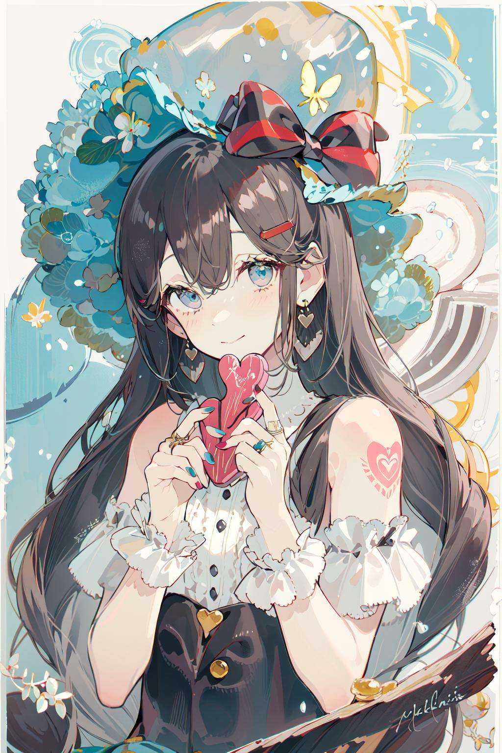 (masterpiece:1.2), best quality,PIXIV,Sweet girl portrait,1girl, teddy bear, stuffed animal, stuffed toy, solo, holding, hat, holding stuffed toy, heart, bow, hair ornament, signature, earrings, jewelry, upper body, striped, hairclip, looking at viewer, hat bow, closed mouth, bangs, bare shoulders, hair between eyes, tattoo, box, black headwear, grey hair, striped bow, gift, blue eyes, red background, valentine, chocolate, ribbon, braid, nail polish, shirt, wrist cuffs, gift box, black bow, off shoulder, two-tone background, vertical stripes, hair rings, smile, long hair <lora:Sweet girl portrait_20231030170647-000018:1>